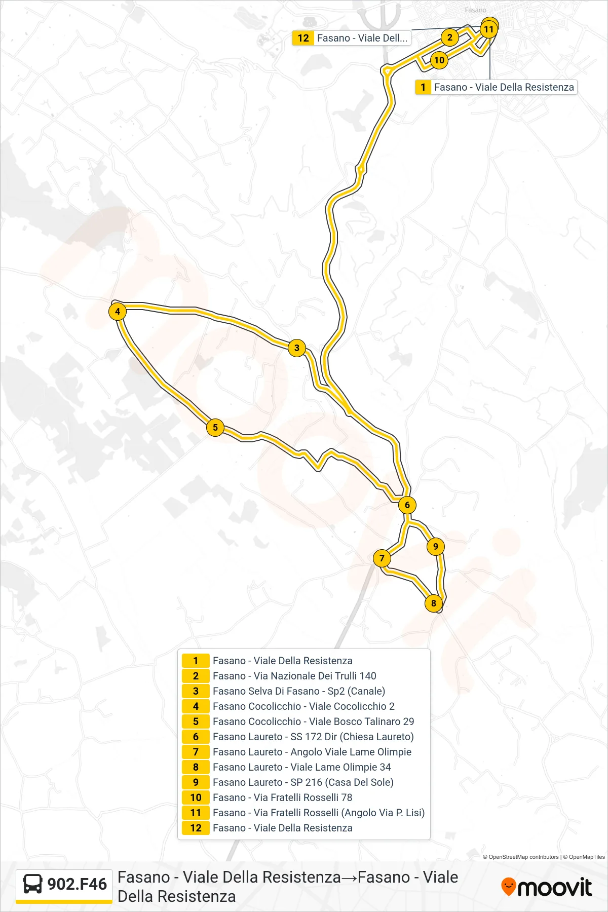 Linea 902.F46 tram (Fasano - Viale Della Resistenza→Fasano - Viale Della Resistenza) - Percorsi e fermate sulla mappa