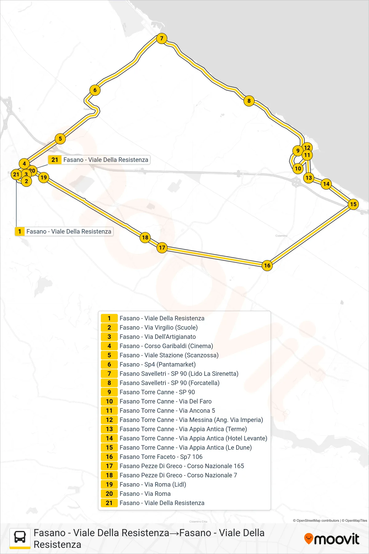 Linea 902.F01E tram (Fasano - Viale Della Resistenza→Fasano - Viale Della Resistenza) - Percorsi e fermate sulla mappa