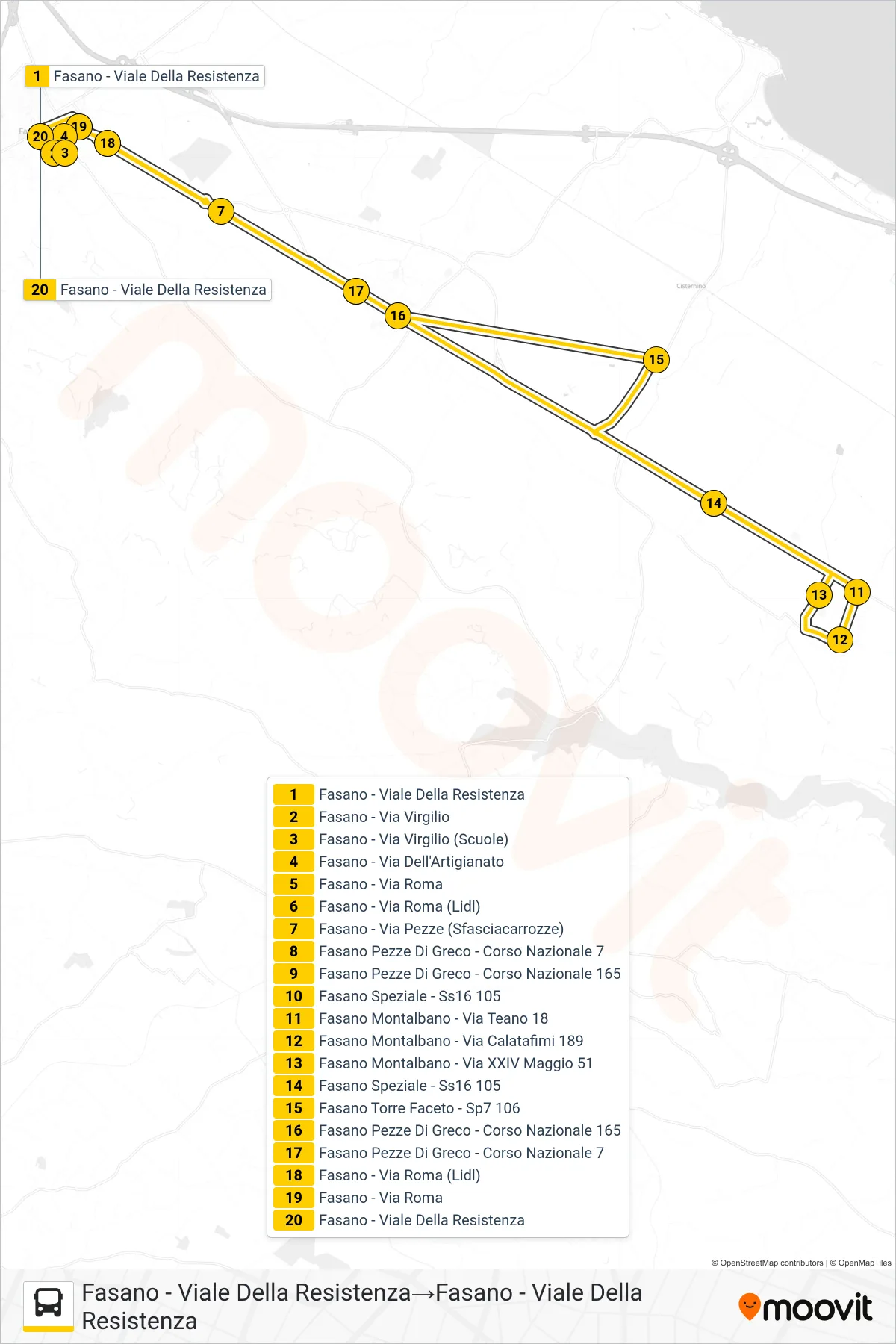 Linea 902.F02E tram (Fasano - Viale Della Resistenza→Fasano - Viale Della Resistenza) - Percorsi e fermate sulla mappa