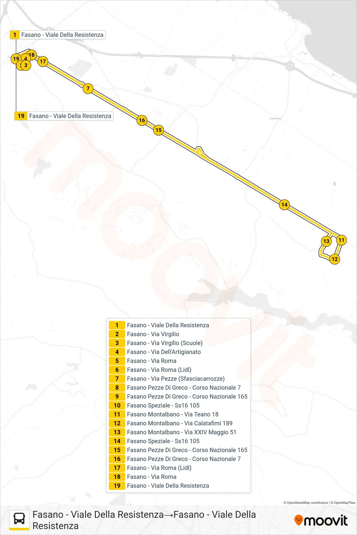 Linea 902.F08E tram (Fasano - Viale Della Resistenza→Fasano - Viale Della Resistenza) - Percorsi e fermate sulla mappa