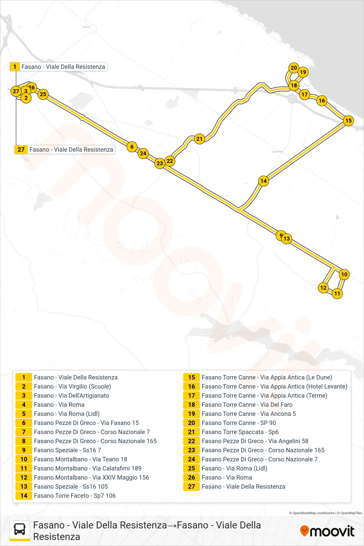 Linea 902.F10E  tram (Fasano - Viale Della Resistenza‎→Fasano - Viale Della Resistenza) - Percorsi e fermate sulla mappa
