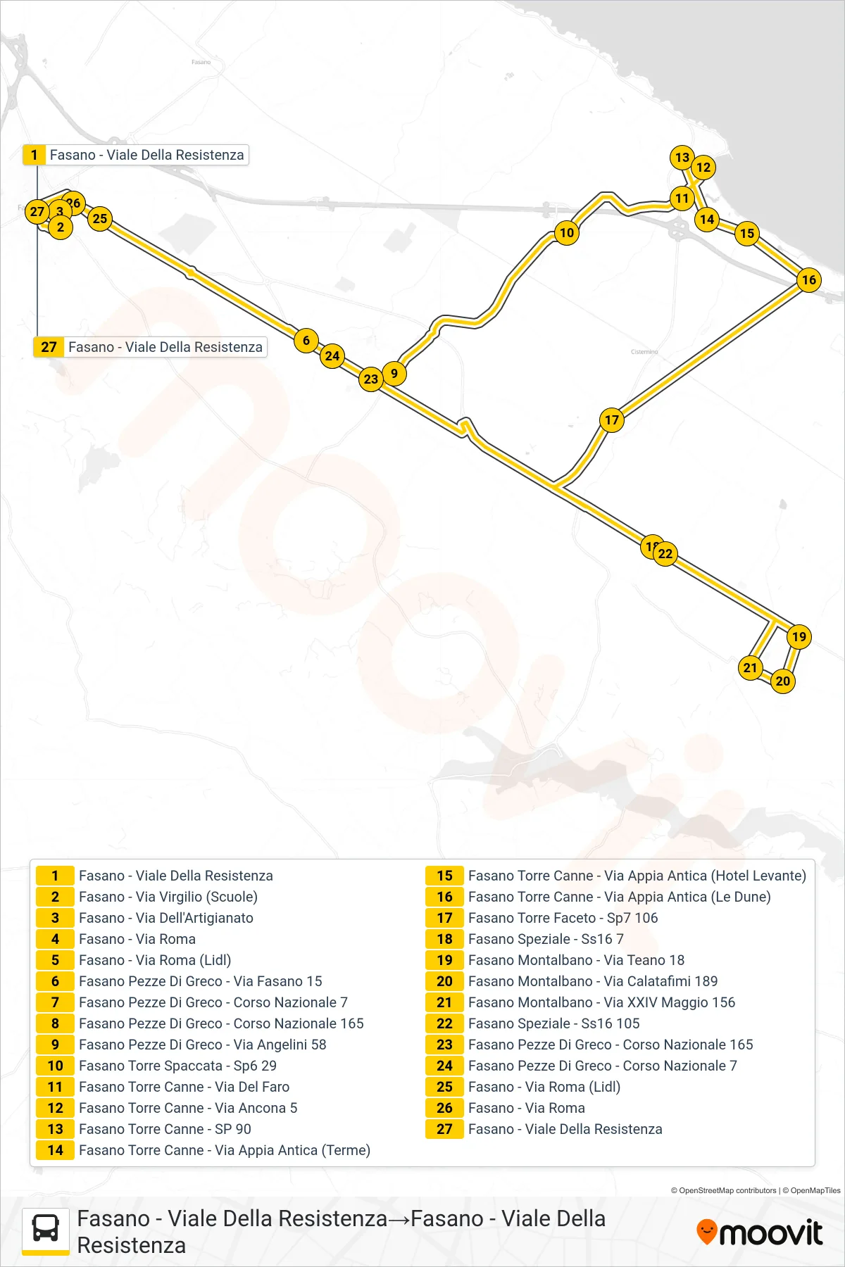 Linea 902.F12E tram (Fasano - Viale Della Resistenza→Fasano - Viale Della Resistenza) - Percorsi e fermate sulla mappa