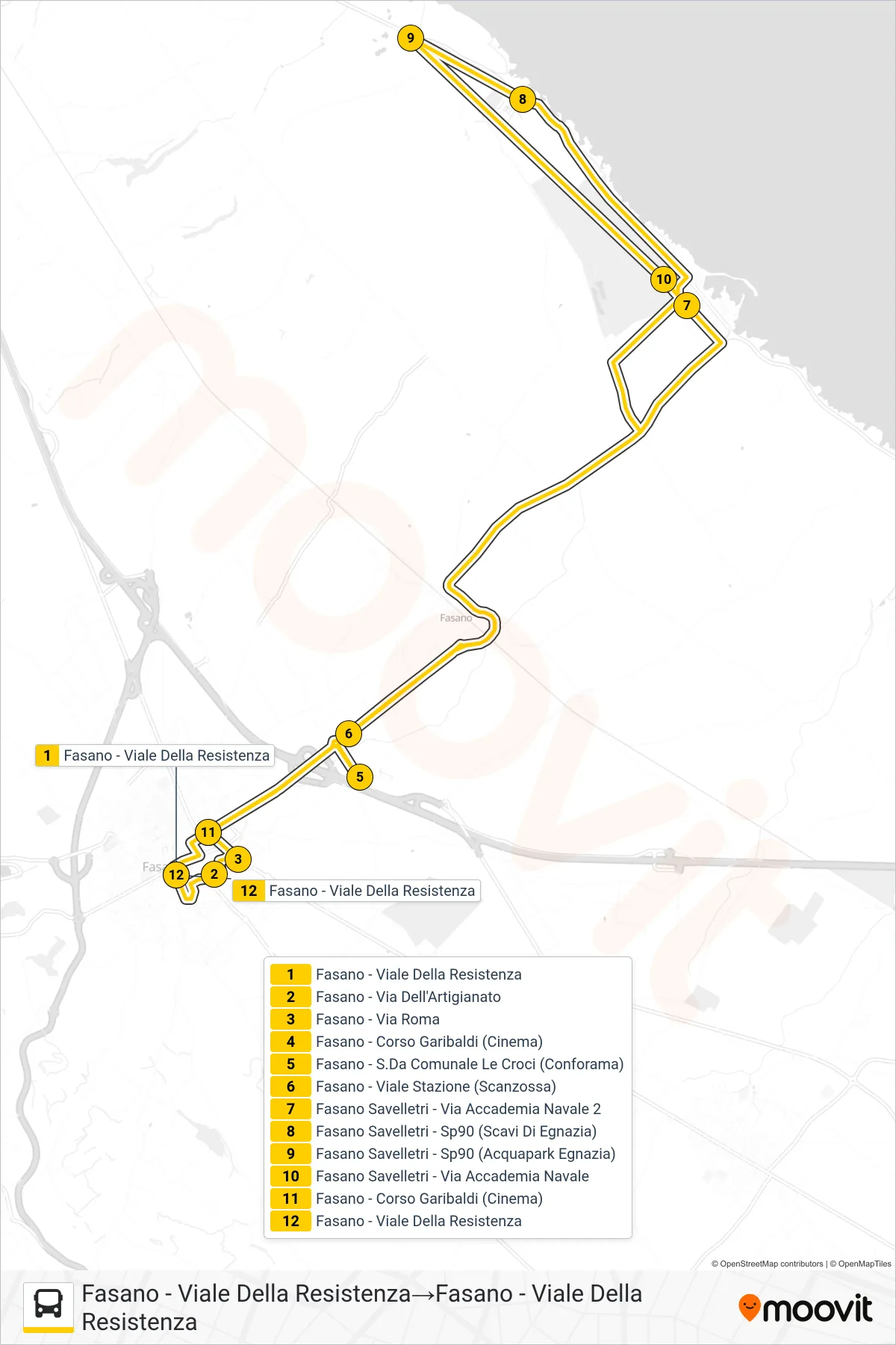 Linea 902.F22E  tram (Fasano - Viale Della Resistenza‎→Fasano - Viale Della Resistenza) - Percorsi e fermate sulla mappa