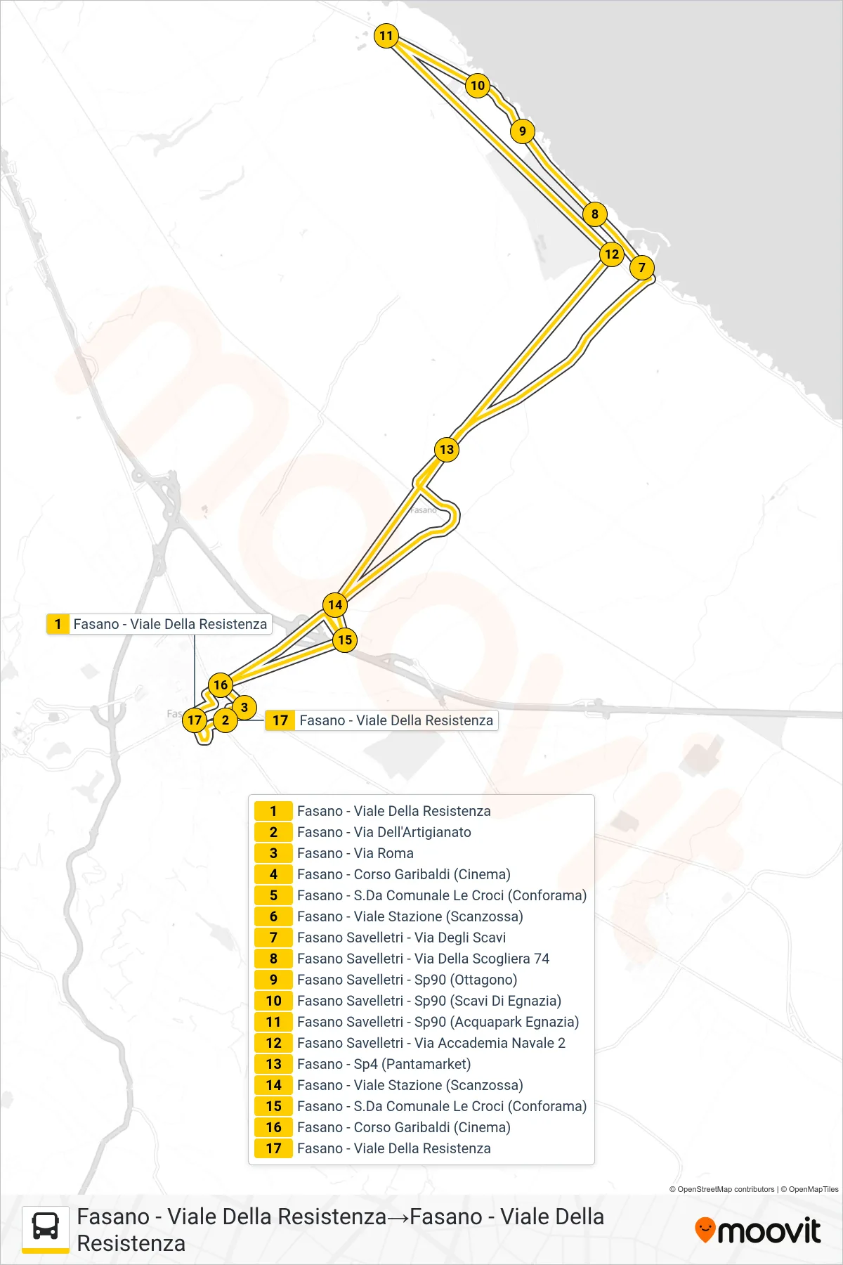 Linea 902.F26E tram (Fasano - Viale Della Resistenza→Fasano - Viale Della Resistenza) - Percorsi e fermate sulla mappa