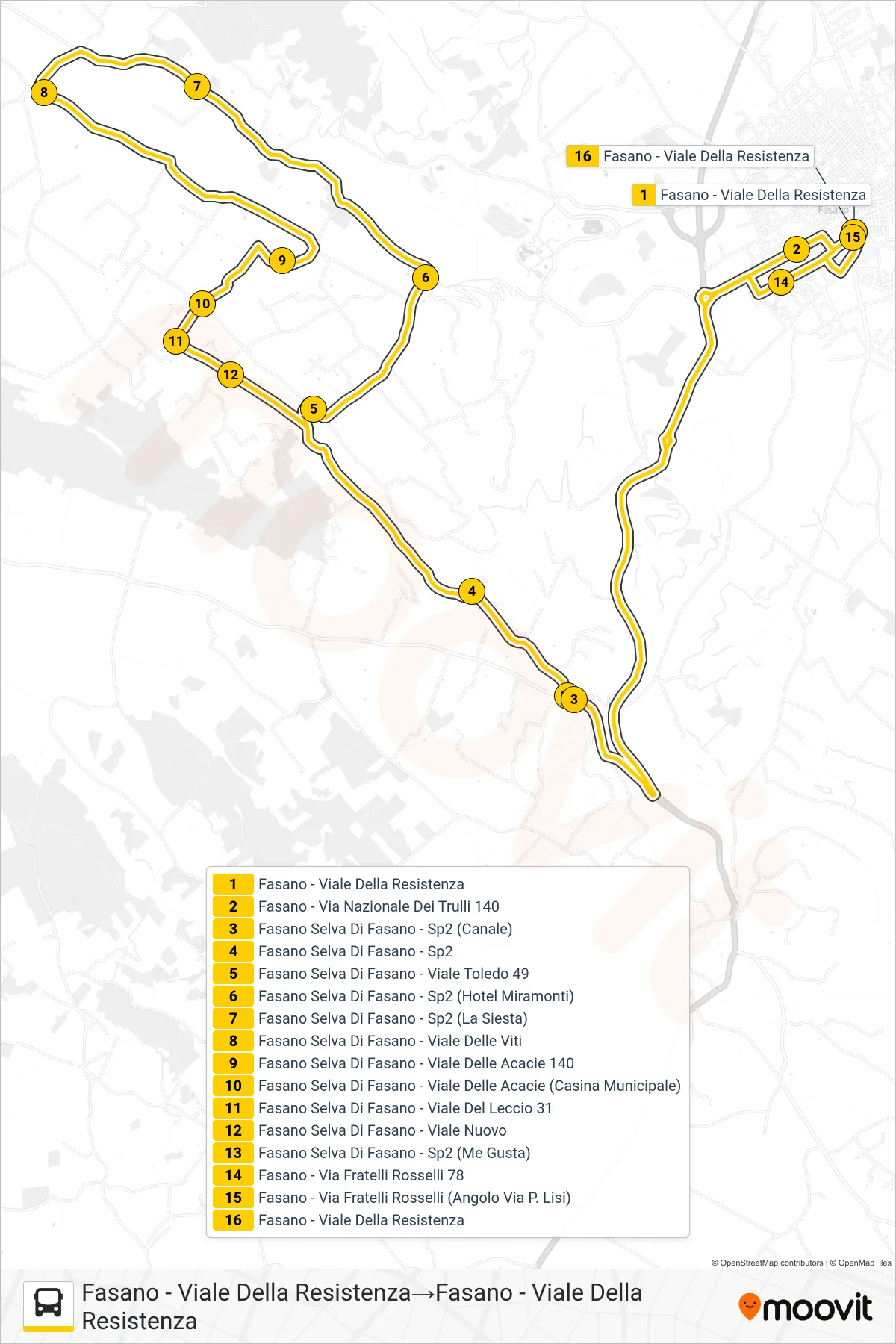 Linea 902.F36E  tram (Fasano - Viale Della Resistenza‎→Fasano - Viale Della Resistenza) - Percorsi e fermate sulla mappa