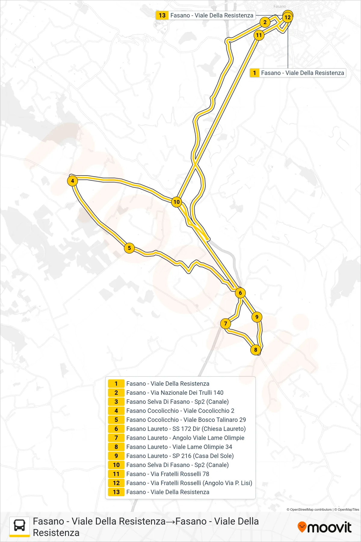 Linea 902.F42E  tram (Fasano - Viale Della Resistenza‎→Fasano - Viale Della Resistenza) - Percorsi e fermate sulla mappa
