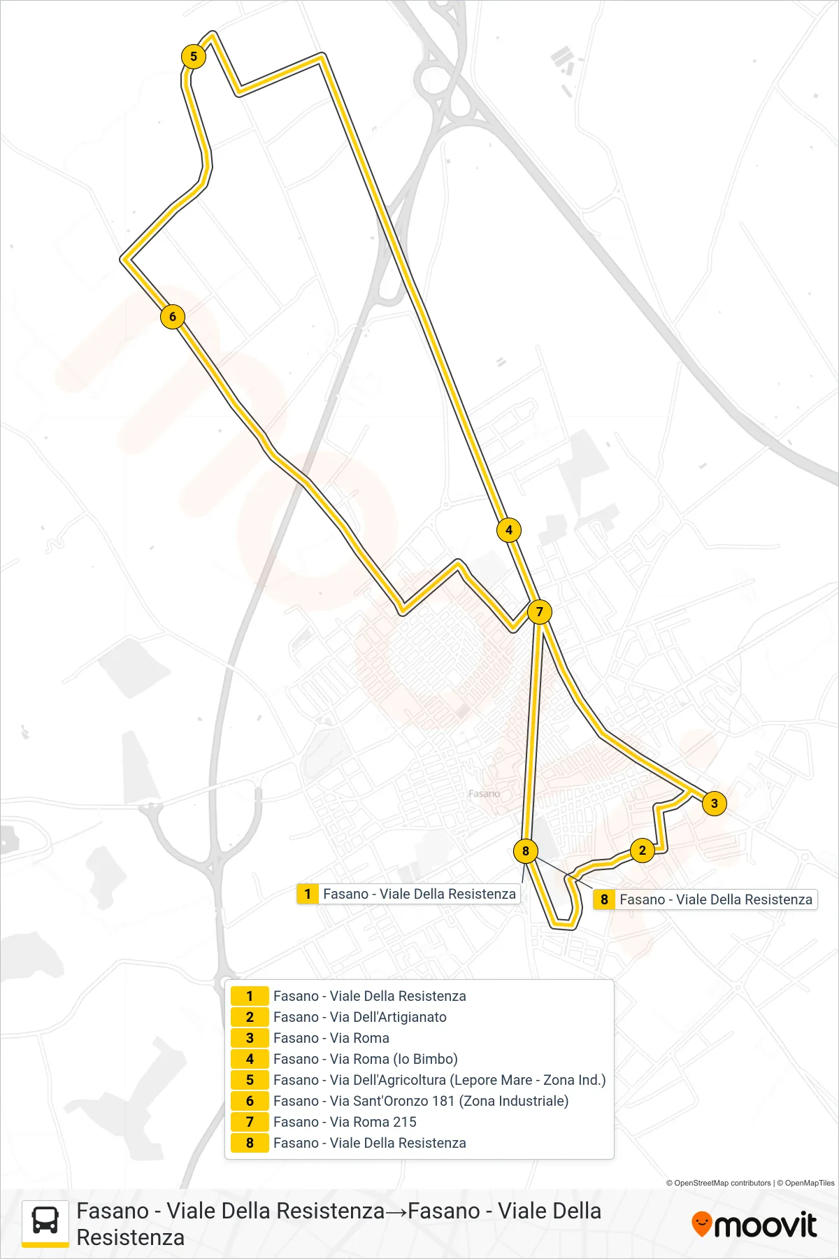 Linea 902.ZIN4E tram (Fasano - Viale Della Resistenza→Fasano - Viale Della Resistenza) - Percorsi e fermate sulla mappa