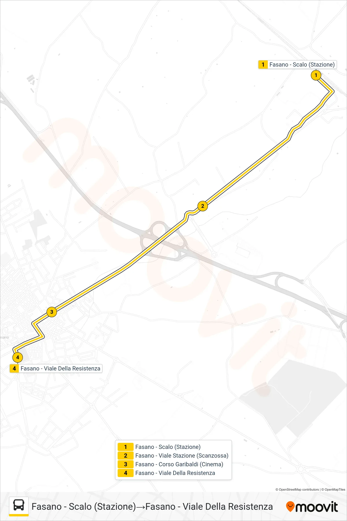 Linea 902R.S19E  tram (Fasano - Scalo (Stazione)‎→Fasano - Viale Della Resistenza) - Percorsi e fermate sulla mappa