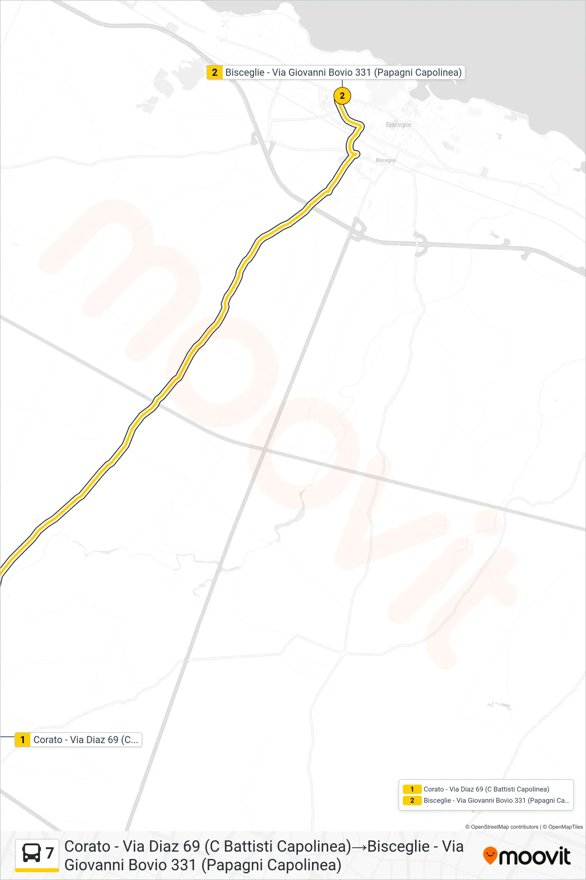 Linea 7  bus (Corato - Via Diaz 69 (C Battisti Capolinea)‎→Bisceglie - Via Giovanni Bovio 331 (Papagni Capolinea)) - Percorsi e fermate sulla mappa