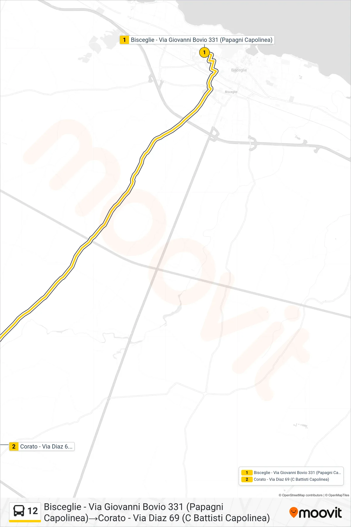Linea 12  bus (Bisceglie - Via Giovanni Bovio 331 (Papagni Capolinea)‎→Corato - Via Diaz 69 (C Battisti Capolinea)) - Percorsi e fermate sulla mappa