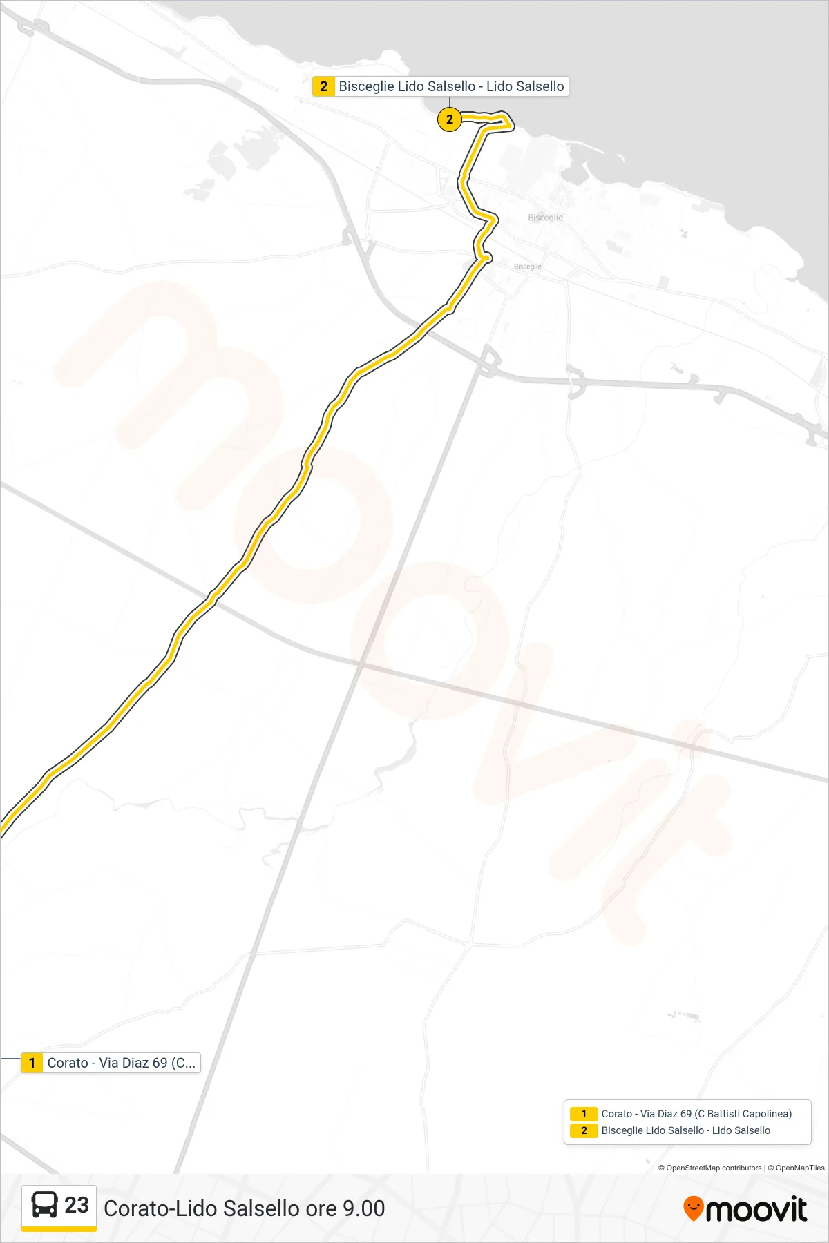 Linea 23  bus (Corato - Via Diaz 69 (C Battisti Capolinea)‎→Bisceglie Lido  Salsello - Lido Salsello) - Percorsi e fermate sulla mappa