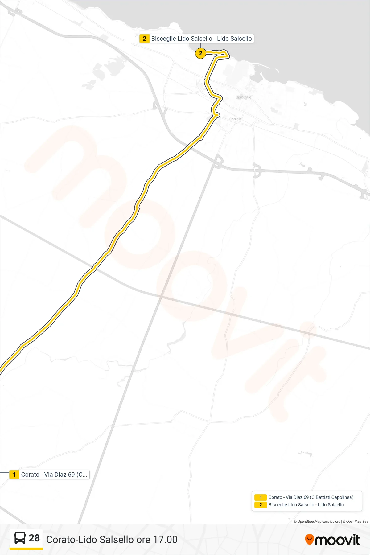 Linea 28 bus (Corato - Via Diaz 69 (C Battisti Capolinea)→Bisceglie Lido Salsello - Lido Salsello) - Percorsi e fermate sulla mappa