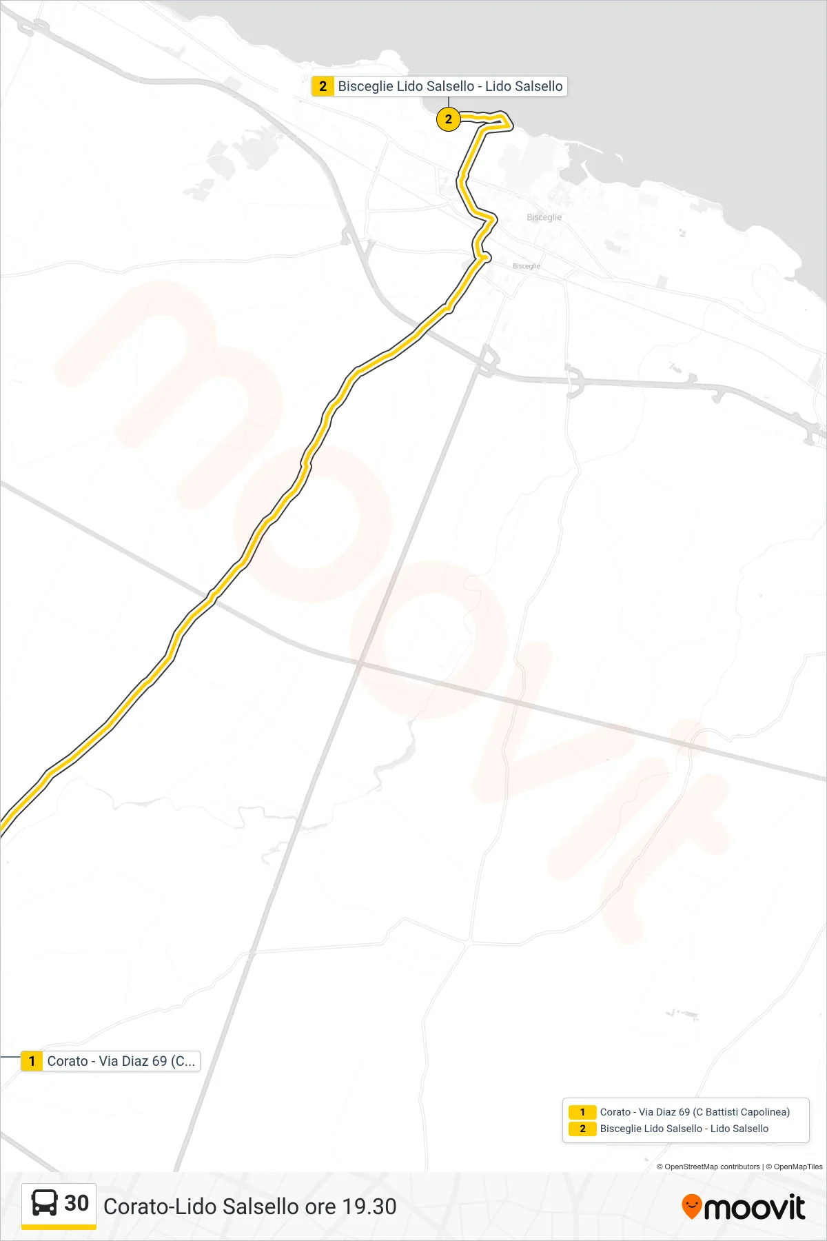 Linea 30 bus (Corato - Via Diaz 69 (C Battisti Capolinea)→Bisceglie Lido Salsello - Lido Salsello) - Percorsi e fermate sulla mappa