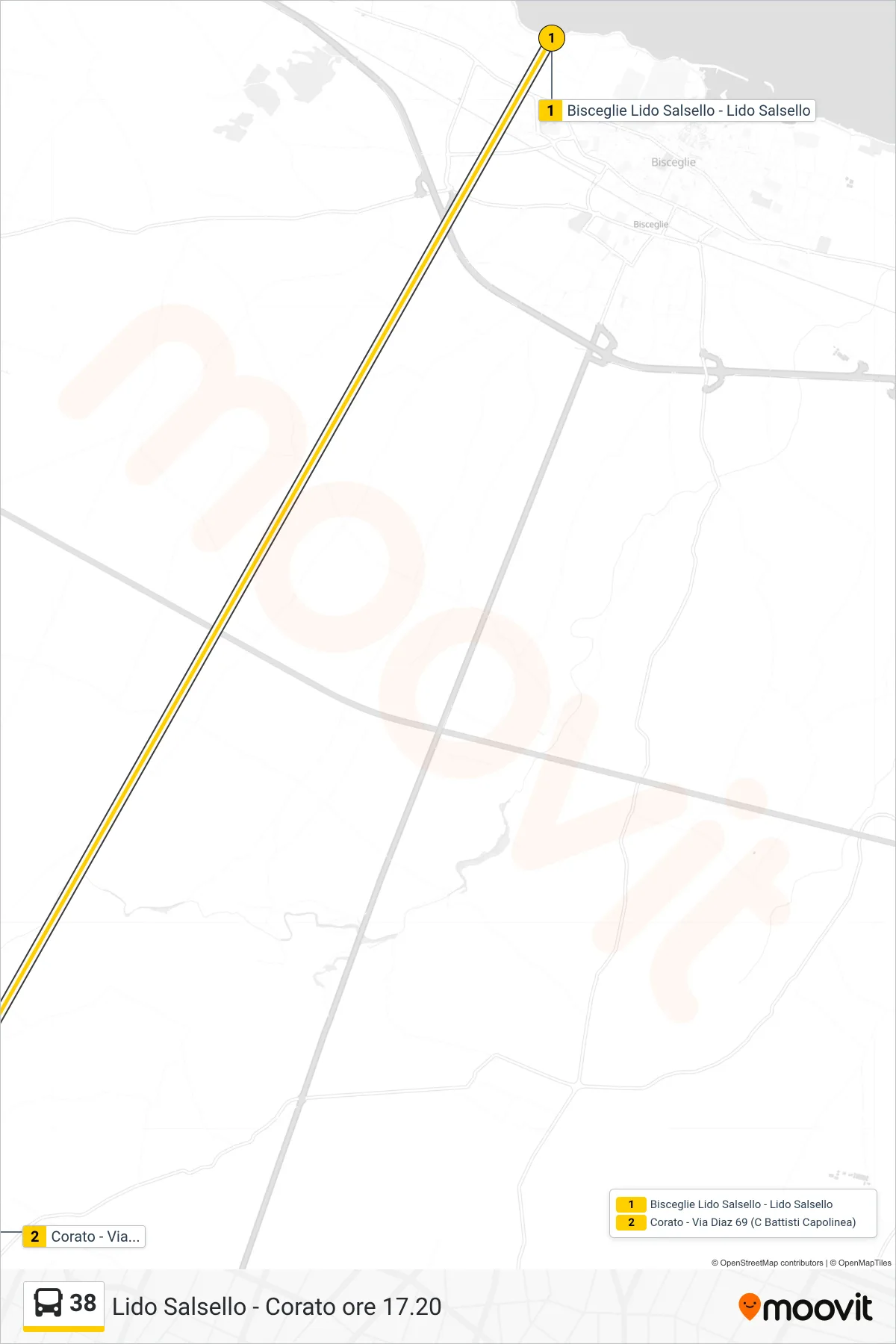 Linea 38 bus (Bisceglie Lido Salsello - Lido Salsello→Corato - Via Diaz 69 (C Battisti Capolinea)) - Percorsi e fermate sulla mappa