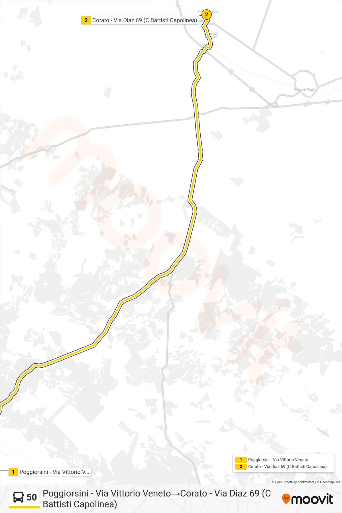 Linea 50 bus (Poggiorsini - Via Vittorio Veneto→Corato - Via Diaz 69 (C Battisti Capolinea)) - Percorsi e fermate sulla mappa