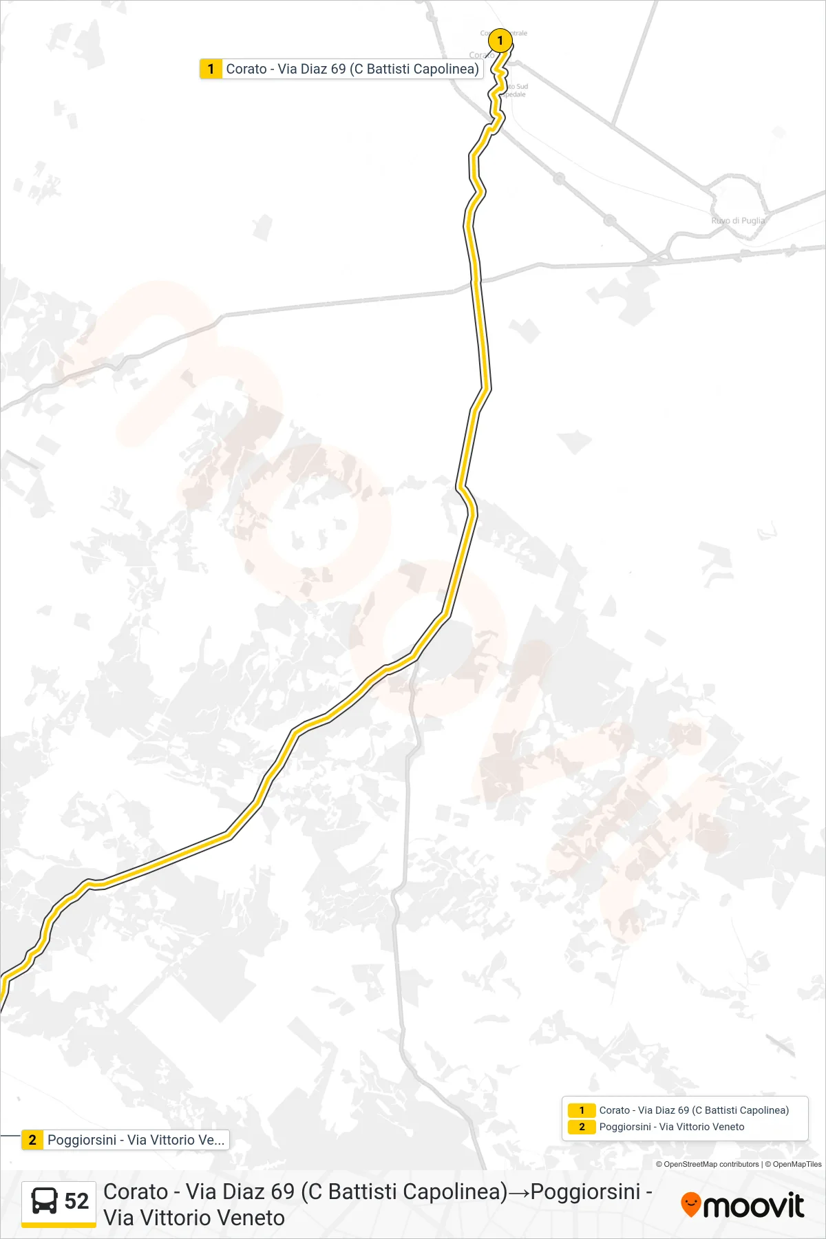 Linea 52  bus (Corato - Via Diaz 69 (C Battisti Capolinea)‎→Poggiorsini - Via Vittorio Veneto) - Percorsi e fermate sulla mappa