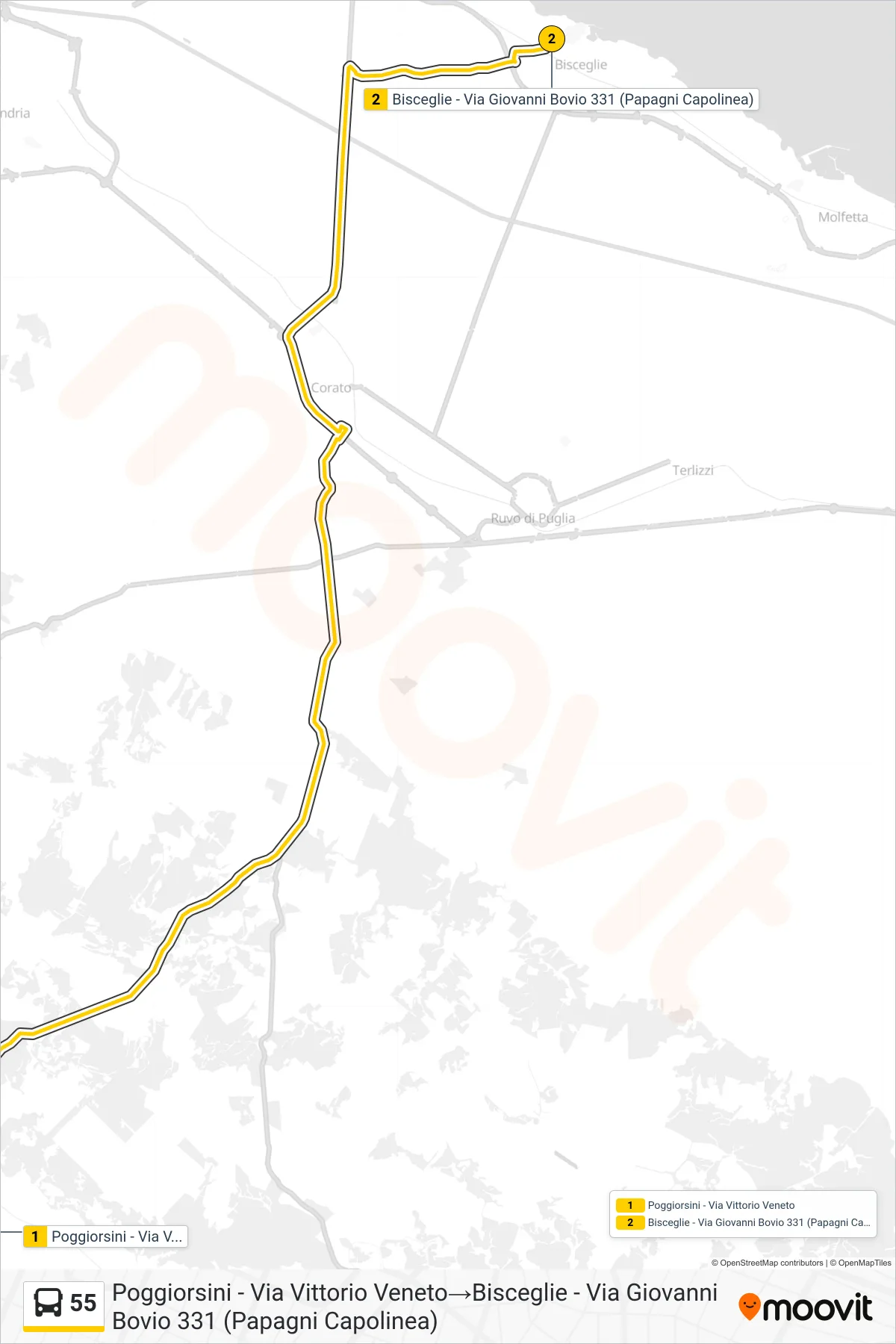 Linea 55 bus (Poggiorsini - Via Vittorio Veneto→Bisceglie - Via Giovanni Bovio 331 (Papagni Capolinea)) - Percorsi e fermate sulla mappa