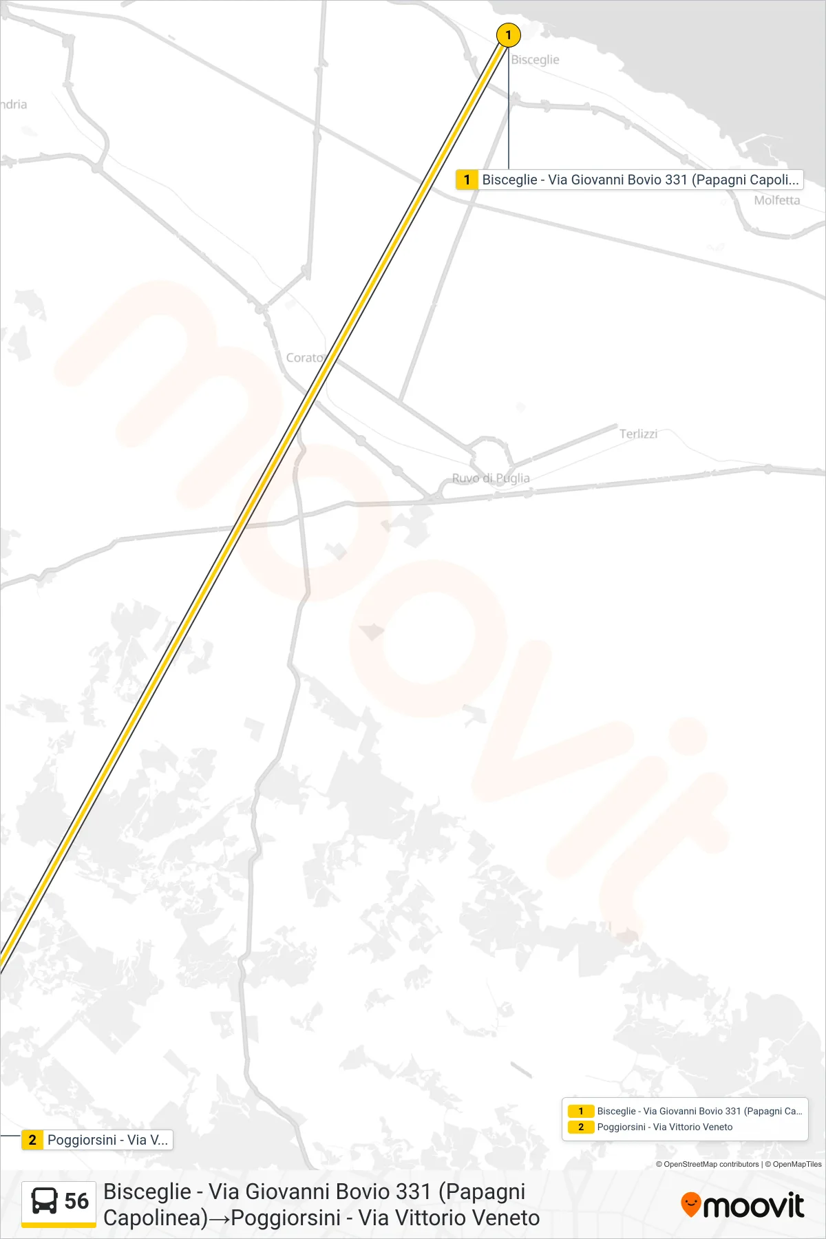 Linea 56  bus (Bisceglie - Via Giovanni Bovio 331 (Papagni Capolinea)‎→Poggiorsini - Via Vittorio Veneto) - Percorsi e fermate sulla mappa