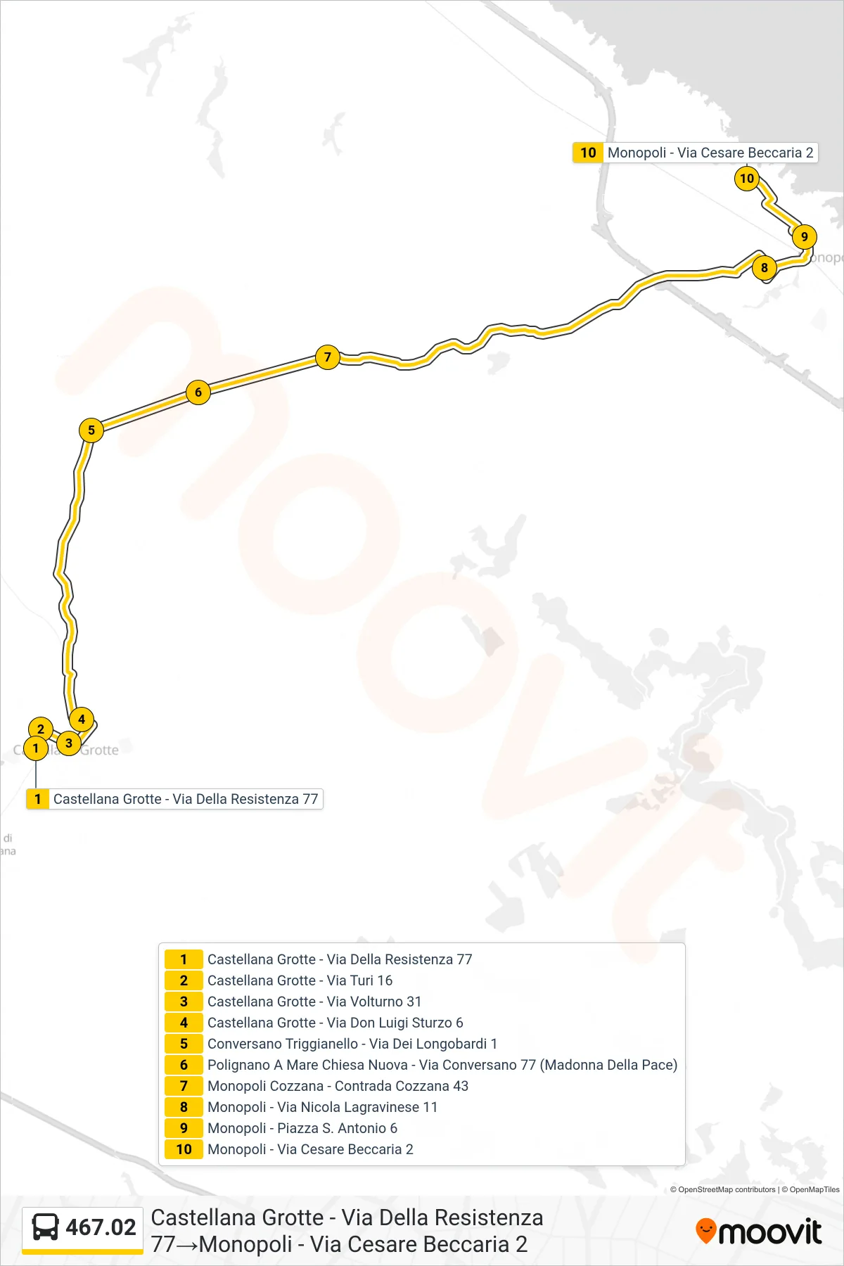 Linea 467.02 bus (Castellana Grotte - Via Della Resistenza 77→Monopoli - Via Cesare Beccaria 2) - Percorsi e fermate sulla mappa