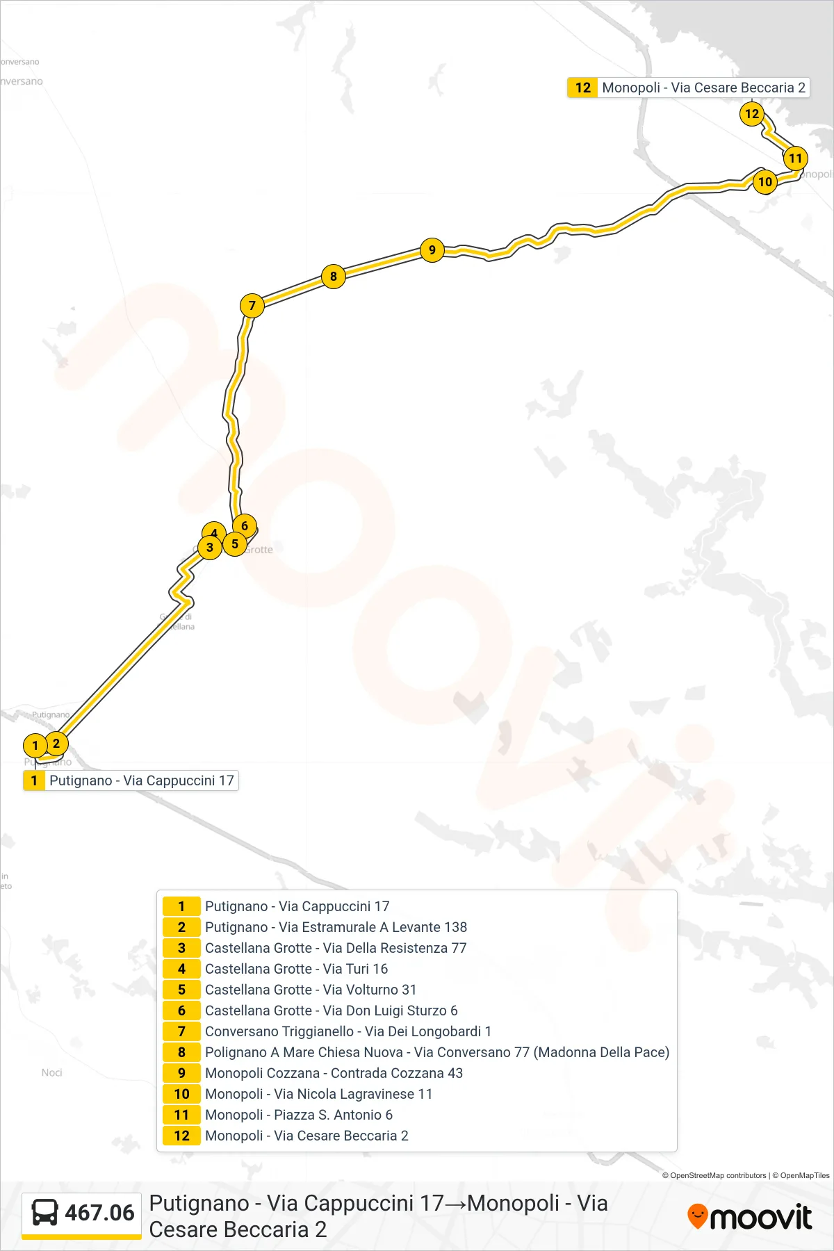 Linea 467.06 bus (Putignano - Via Cappuccini 17→Monopoli - Via Cesare Beccaria 2) - Percorsi e fermate sulla mappa