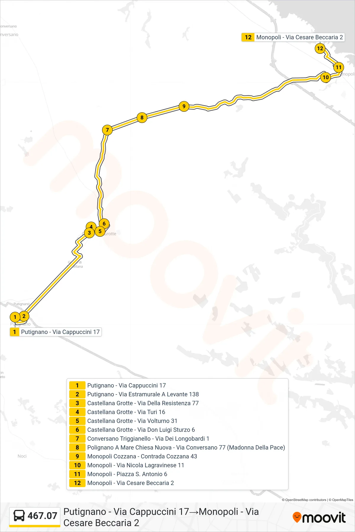 Linea 467.07 bus (Putignano - Via Cappuccini 17→Monopoli - Via Cesare Beccaria 2) - Percorsi e fermate sulla mappa