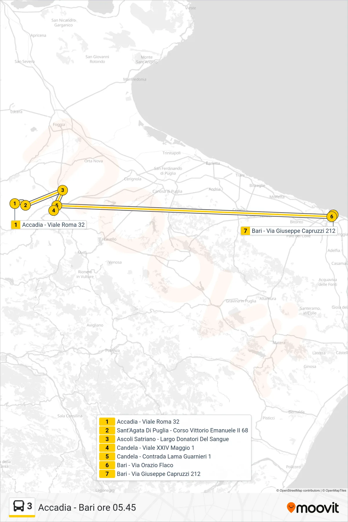 Linea 3 bus (Accadia - Viale Roma 32→Bari - Via Giuseppe Capruzzi 212) - Percorsi e fermate sulla mappa