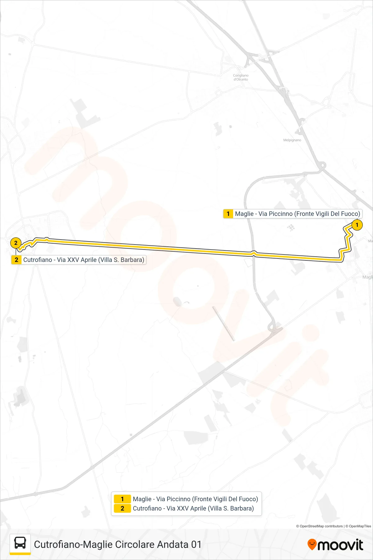 Linea 341CA.01  bus (Maglie - Via Piccinno (Fronte Vigili Del Fuoco)‎→Cutrofiano - Via XXV Aprile (Villa S. Barbara)) - Percorsi e fermate sulla mappa