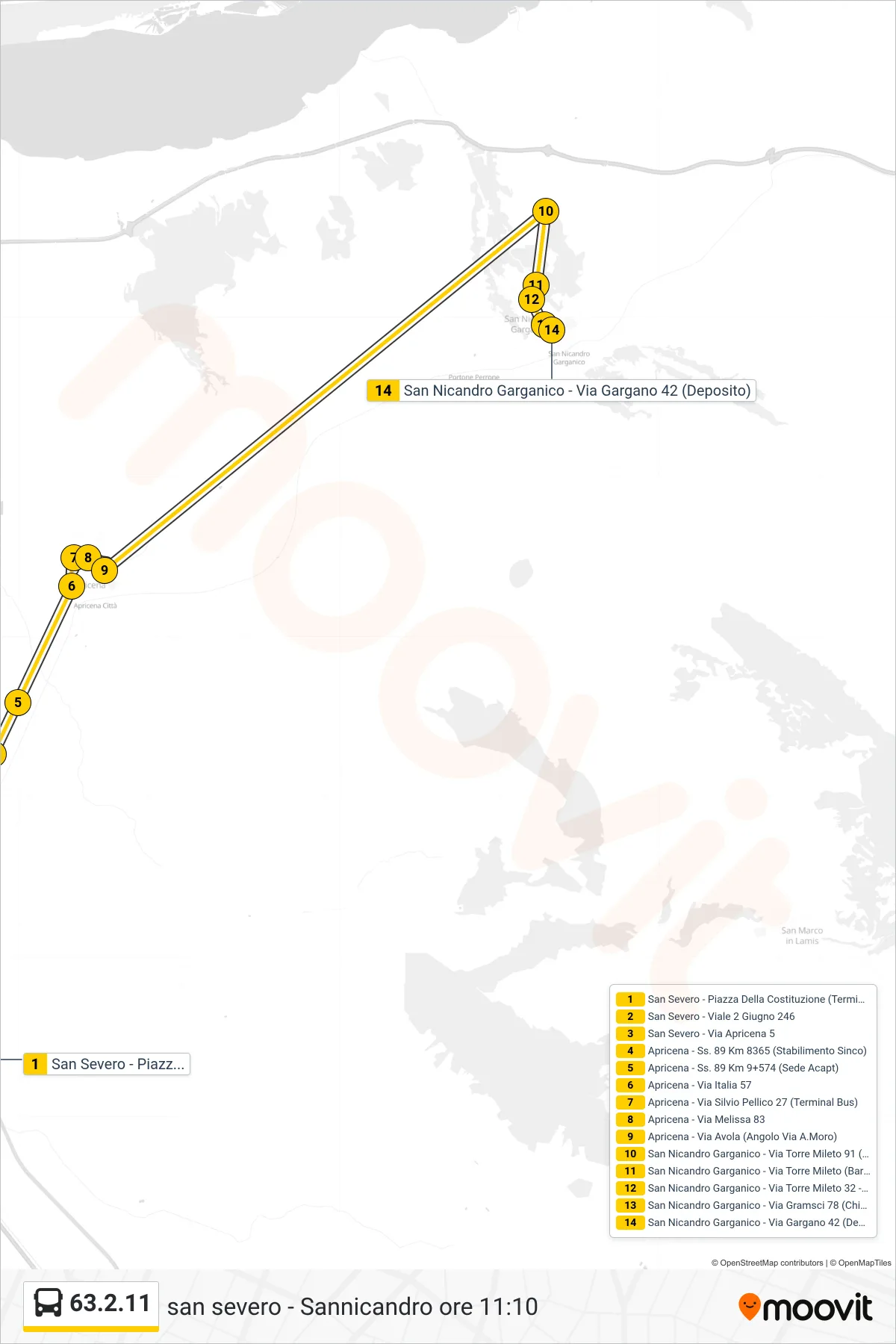 Linea 63.2.11 bus (San Severo - Piazza Della Costituzione (Terminal Bus)→San Nicandro Garganico - Via Gargano 42 (Deposito)) - Percorsi e fermate sulla mappa