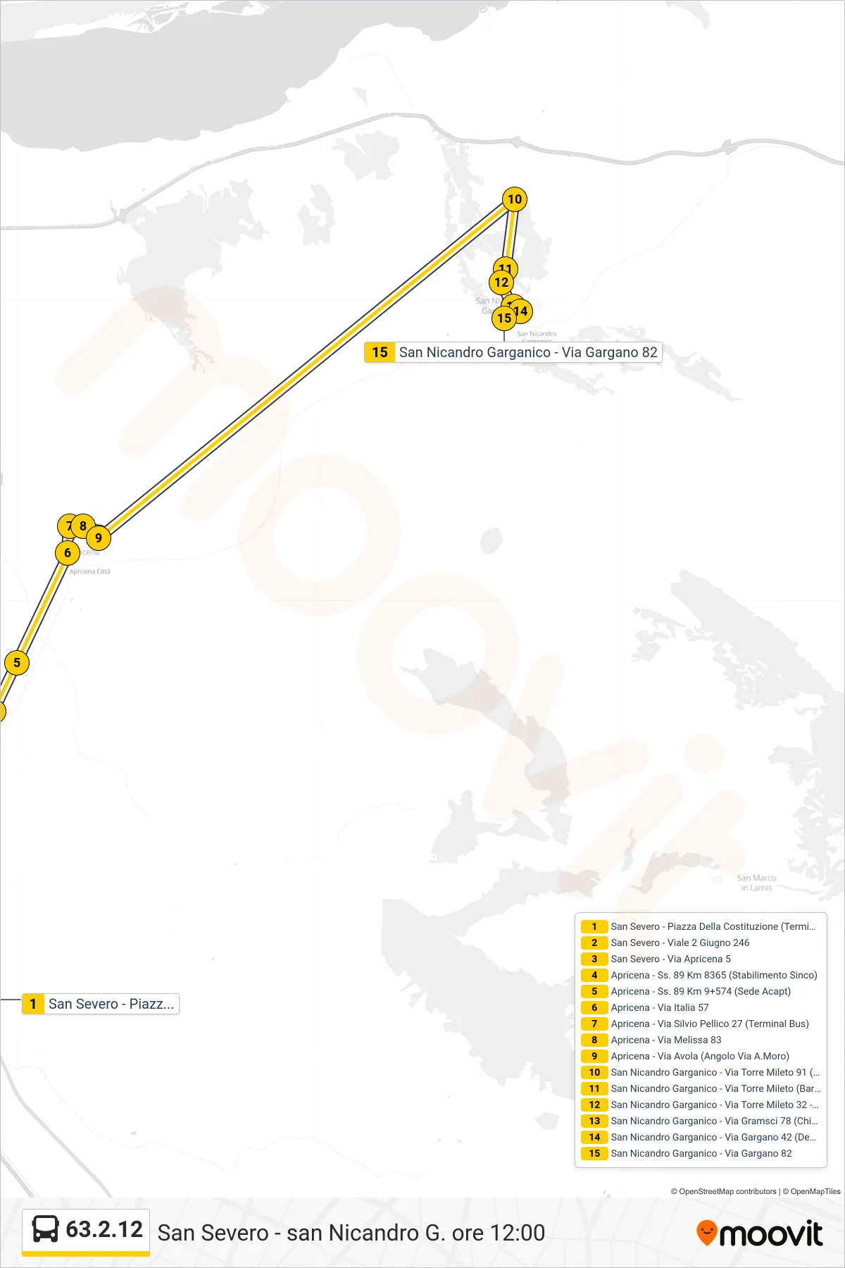 Linea 63.2.12 bus (San Severo - Piazza Della Costituzione (Terminal Bus)→San Nicandro Garganico - Via Gargano 82) - Percorsi e fermate sulla mappa