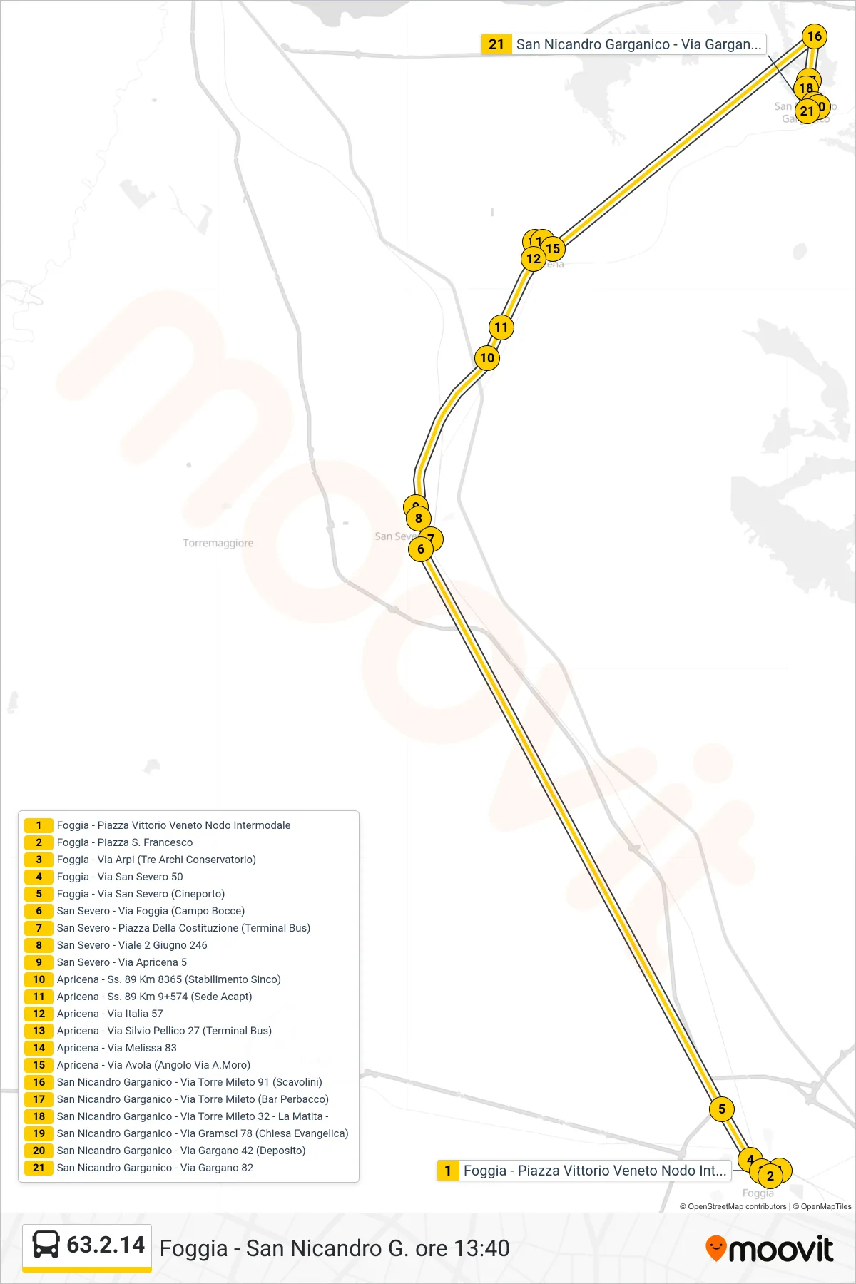 Linea 63.2.14  bus (Foggia - Piazza Vittorio Veneto Nodo Intermodale‎→San Nicandro Garganico - Via Gargano 82) - Percorsi e fermate sulla mappa