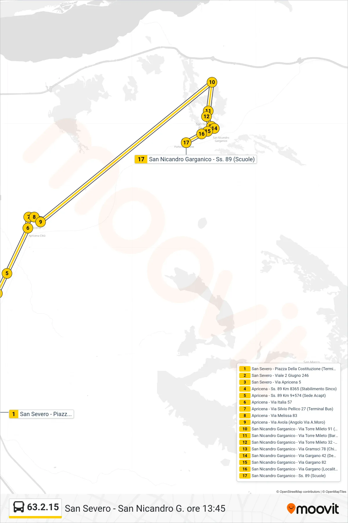 Linea 63.2.15 bus (San Severo - Piazza Della Costituzione (Terminal Bus)→San Nicandro Garganico - Ss. 89 (Scuole)) - Percorsi e fermate sulla mappa