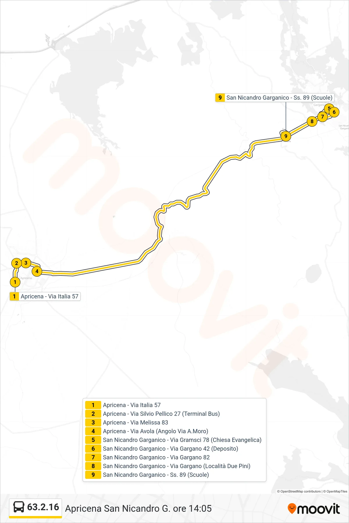 Linea 63.2.16 bus (Apricena - Via Italia 57→San Nicandro Garganico - Ss. 89 (Scuole)) - Percorsi e fermate sulla mappa