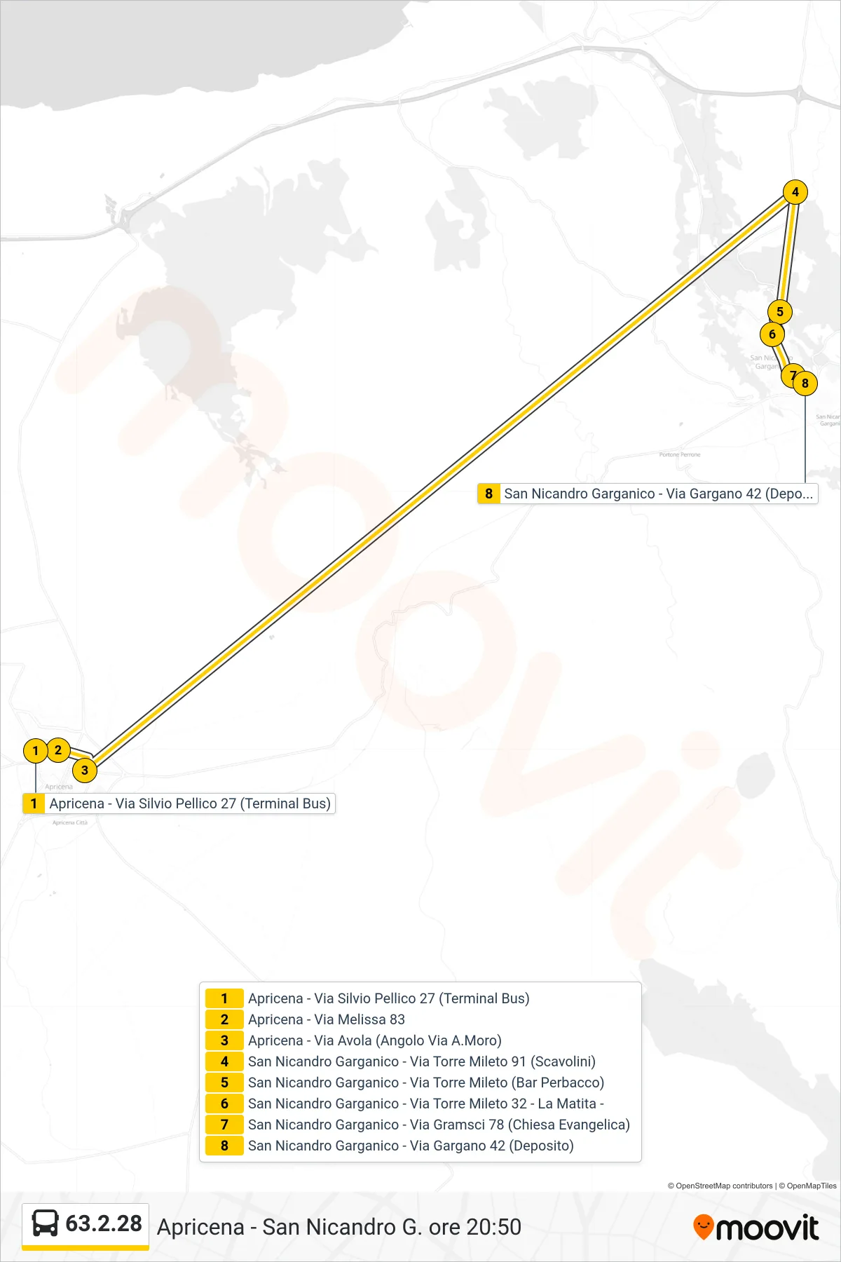Linea 63.2.28  bus (Apricena - Via Silvio Pellico 27 (Terminal Bus)‎→San Nicandro Garganico - Via Gargano 42 (Deposito)) - Percorsi e fermate sulla mappa