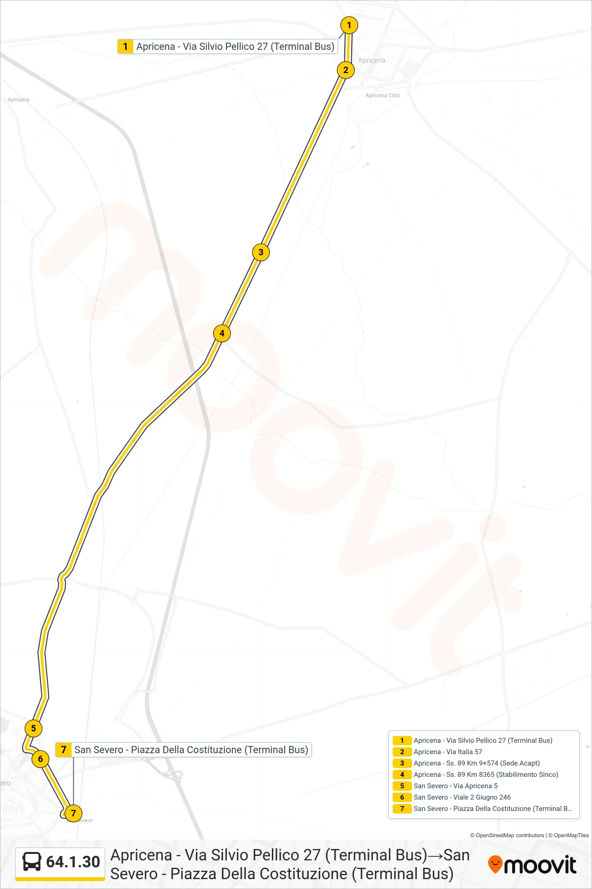 Linea 64.1.30 bus (Apricena - Via Silvio Pellico 27 (Terminal Bus)→San Severo - Piazza Della Costituzione (Terminal Bus)) - Percorsi e fermate sulla mappa