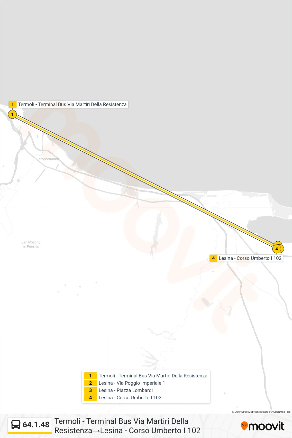 Linea 64.1.48 bus (Termoli - Terminal Bus Via Martiri Della Resistenza→Lesina - Corso Umberto I 102) - Percorsi e fermate sulla mappa
