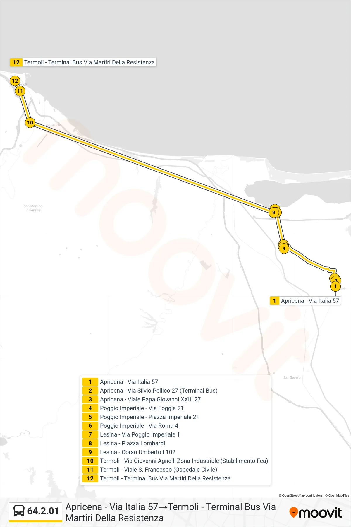 Linea 64.2.01  bus (Apricena - Via Italia 57‎→Termoli - Terminal Bus Via Martiri Della Resistenza) - Percorsi e fermate sulla mappa