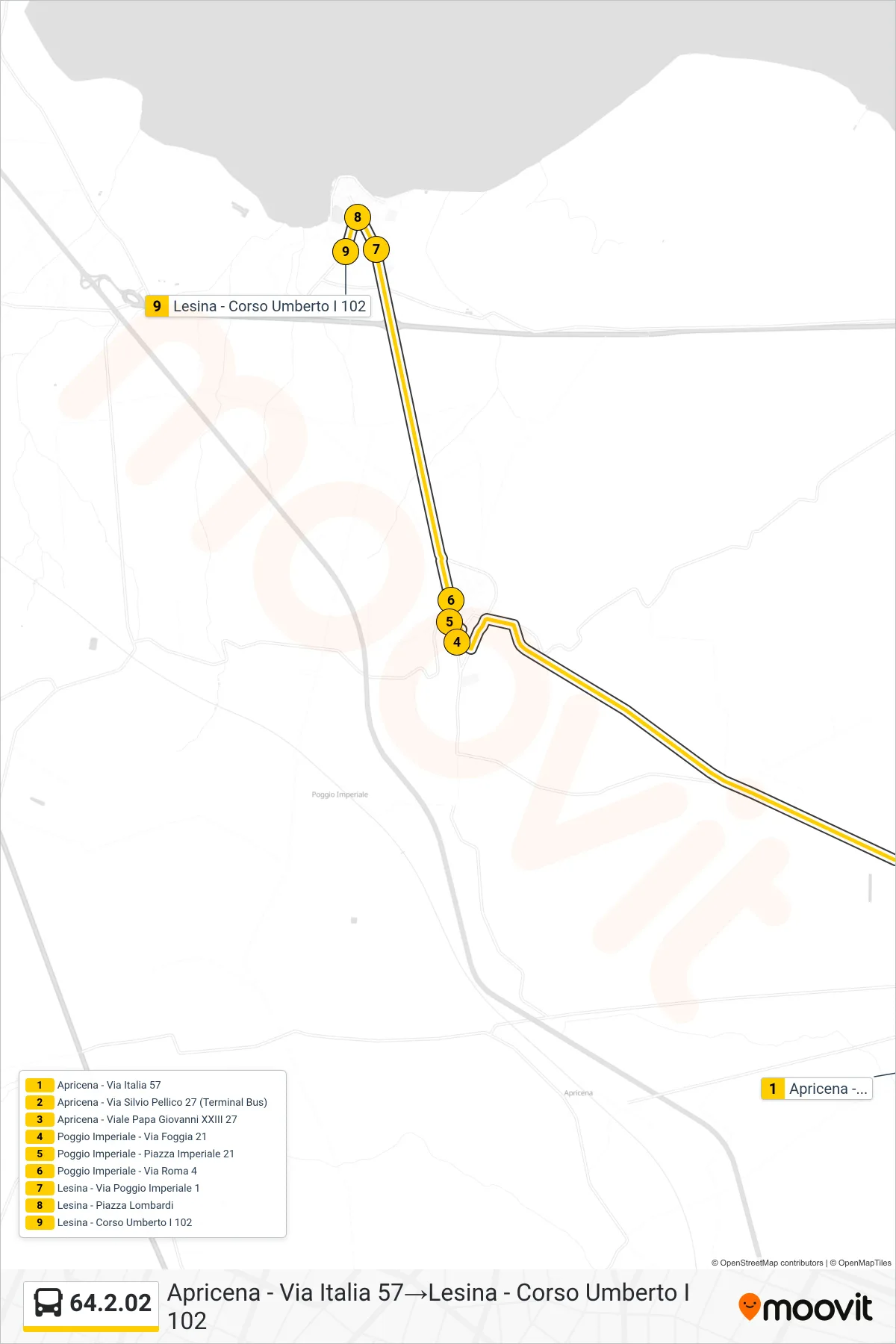 Linea 64.2.02  bus (Apricena - Via Italia 57‎→Lesina - Corso Umberto I 102) - Percorsi e fermate sulla mappa