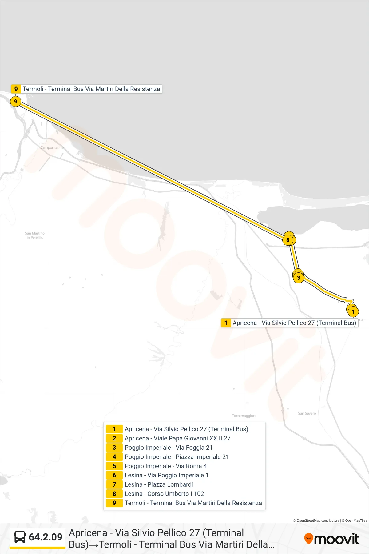 Linea 64.2.09 bus (Apricena - Via Silvio Pellico 27 (Terminal Bus)→Termoli - Terminal Bus Via Martiri Della Resistenza) - Percorsi e fermate sulla mappa