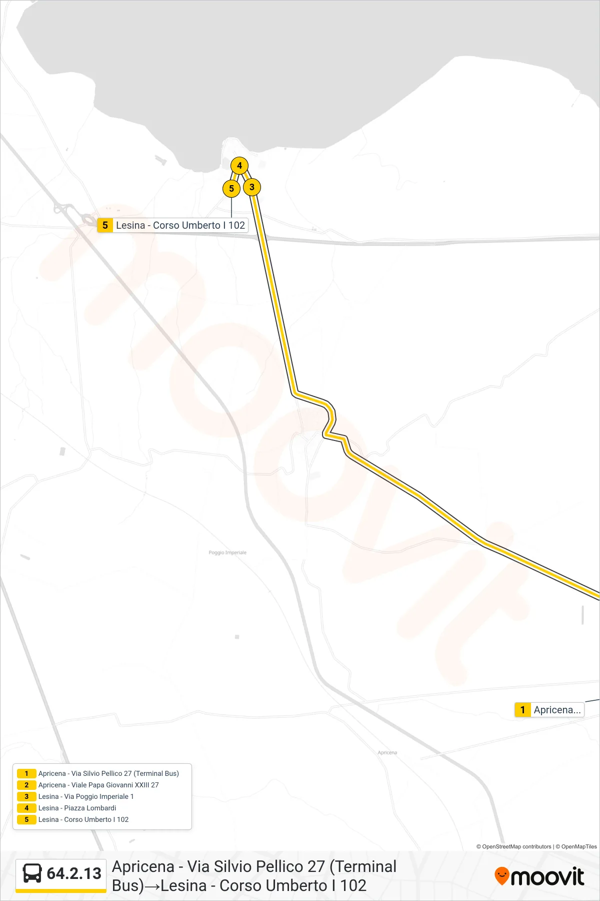 Linea 64.2.13 bus (Apricena - Via Silvio Pellico 27 (Terminal Bus)→Lesina - Corso Umberto I 102) - Percorsi e fermate sulla mappa