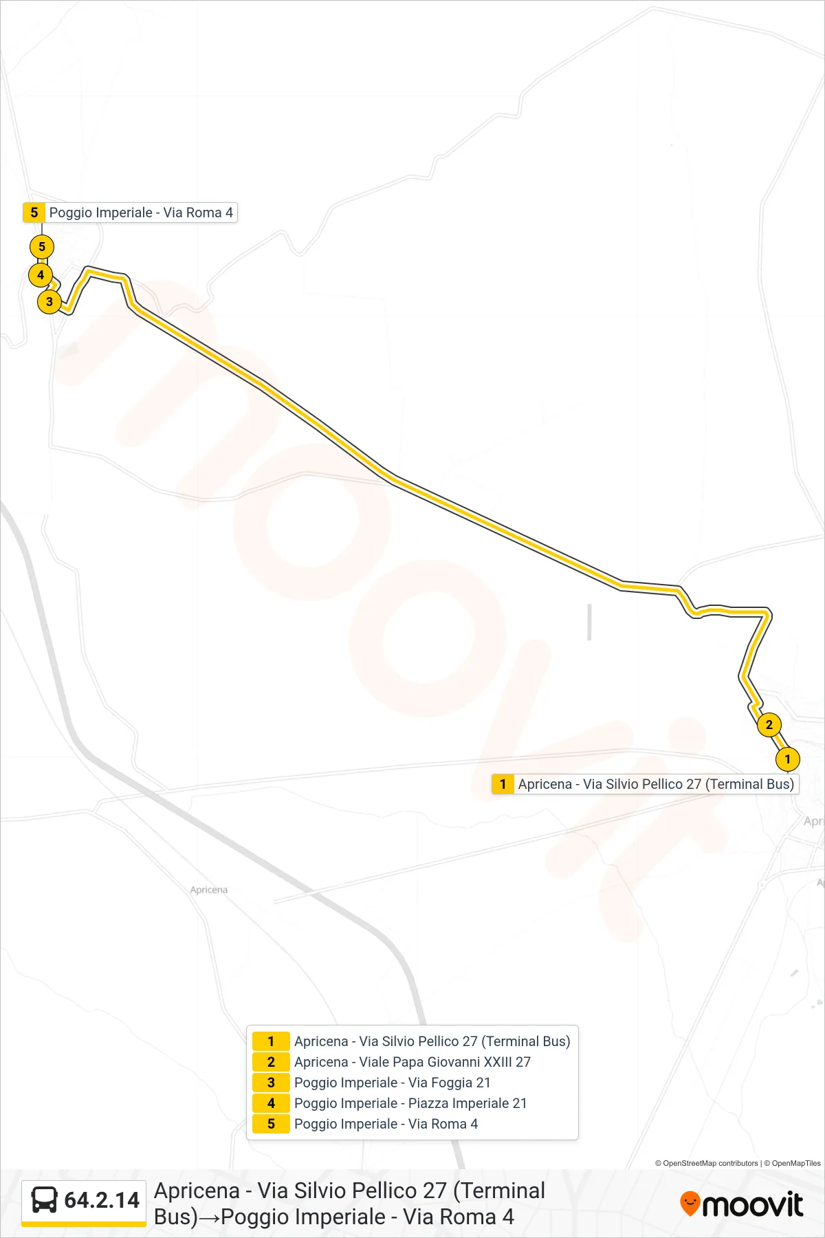 Linea 64.2.14 bus (Apricena - Via Silvio Pellico 27 (Terminal Bus)→Poggio Imperiale - Via Roma 4) - Percorsi e fermate sulla mappa