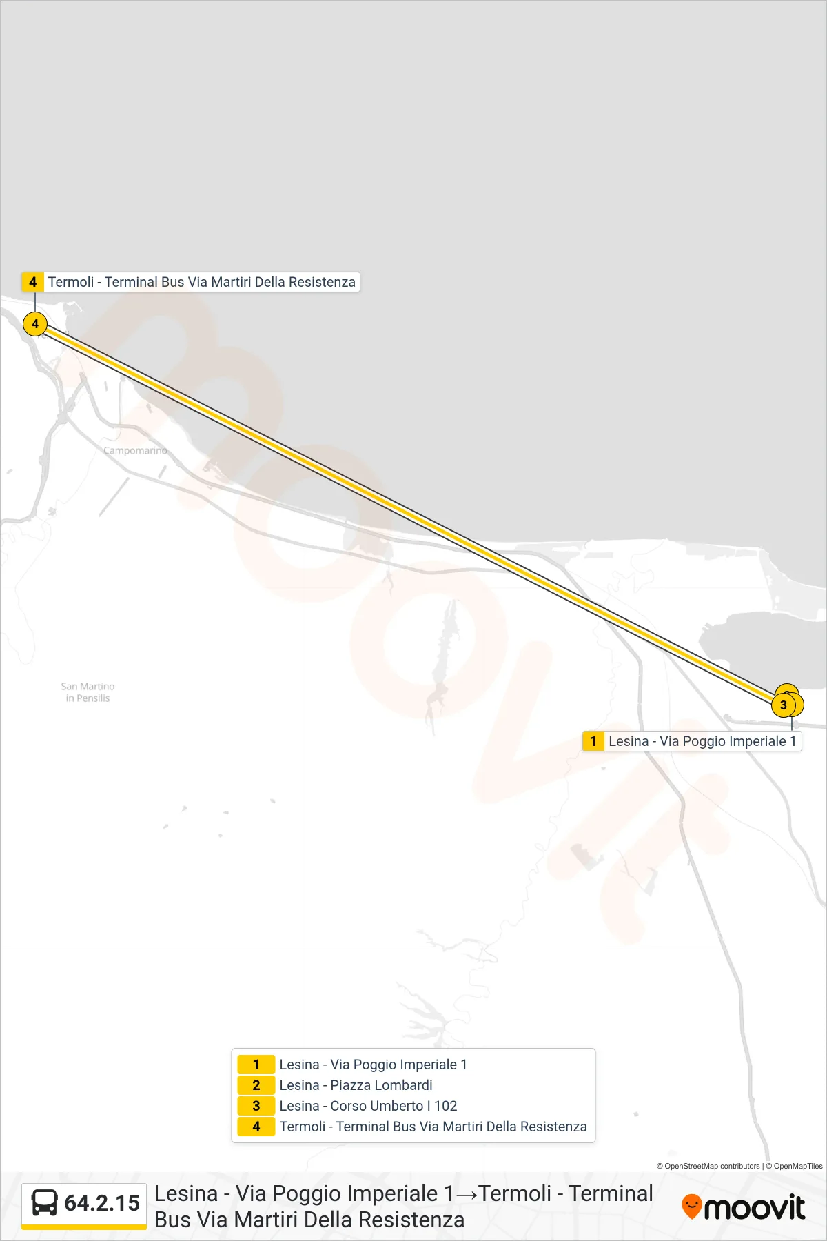 Linea 64.2.15 bus (Lesina - Via Poggio Imperiale 1→Termoli - Terminal Bus Via Martiri Della Resistenza) - Percorsi e fermate sulla mappa
