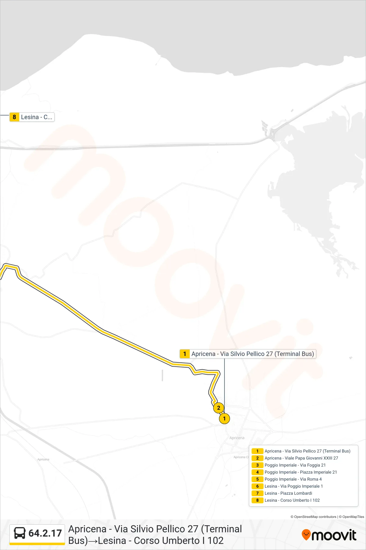 Linea 64.2.17 bus (Apricena - Via Silvio Pellico 27 (Terminal Bus)→Lesina - Corso Umberto I 102) - Percorsi e fermate sulla mappa
