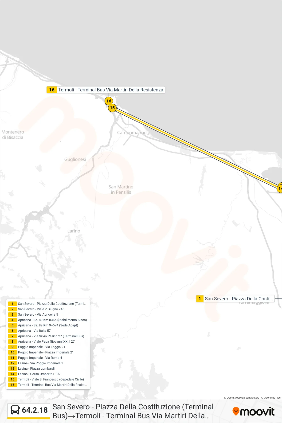 Linea 64.2.18 bus (San Severo - Piazza Della Costituzione (Terminal Bus)→Termoli - Terminal Bus Via Martiri Della Resistenza) - Percorsi e fermate sulla mappa