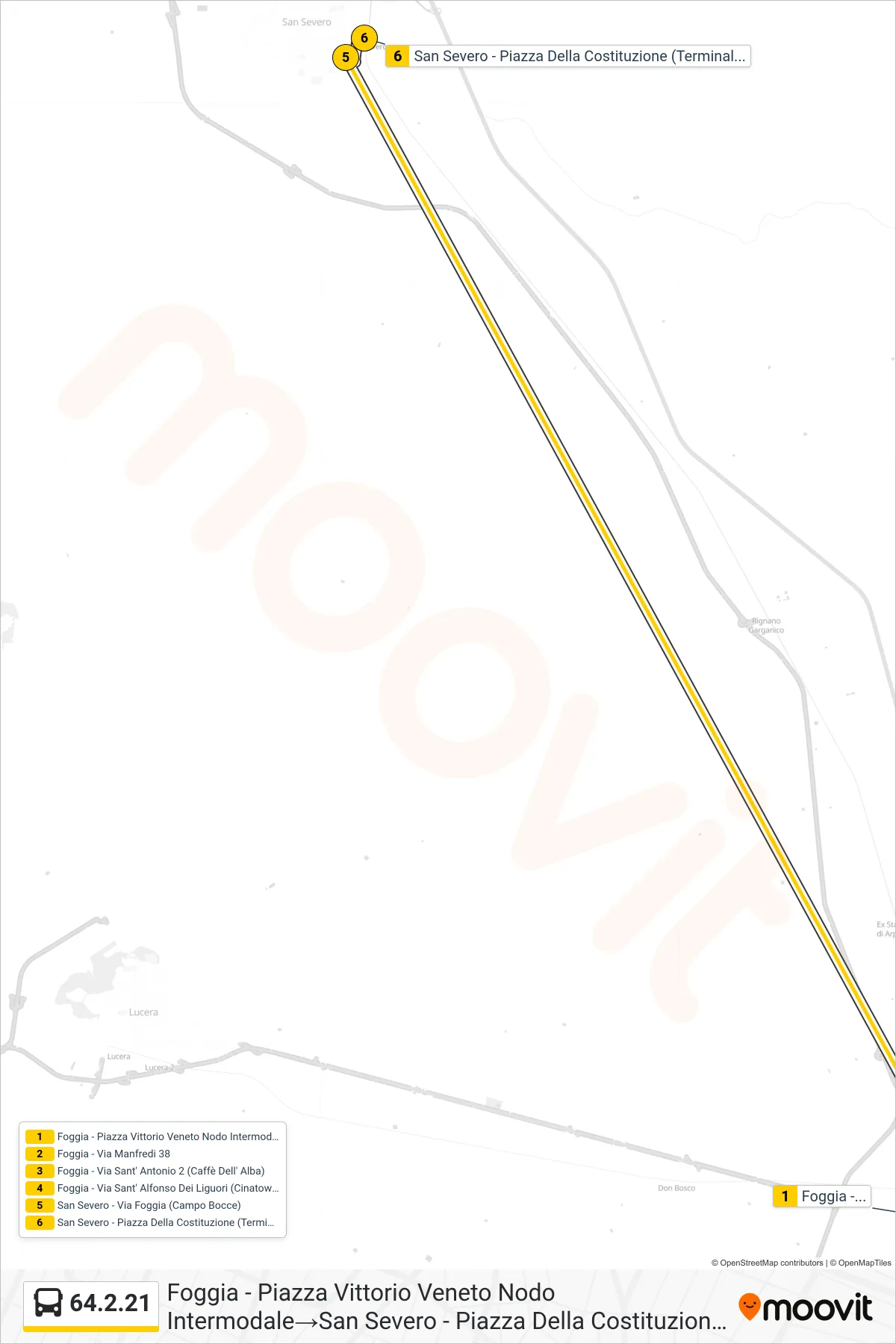 Linea 64.2.21 bus (Foggia - Piazza Vittorio Veneto Nodo Intermodale→San Severo - Piazza Della Costituzione (Terminal Bus)) - Percorsi e fermate sulla mappa