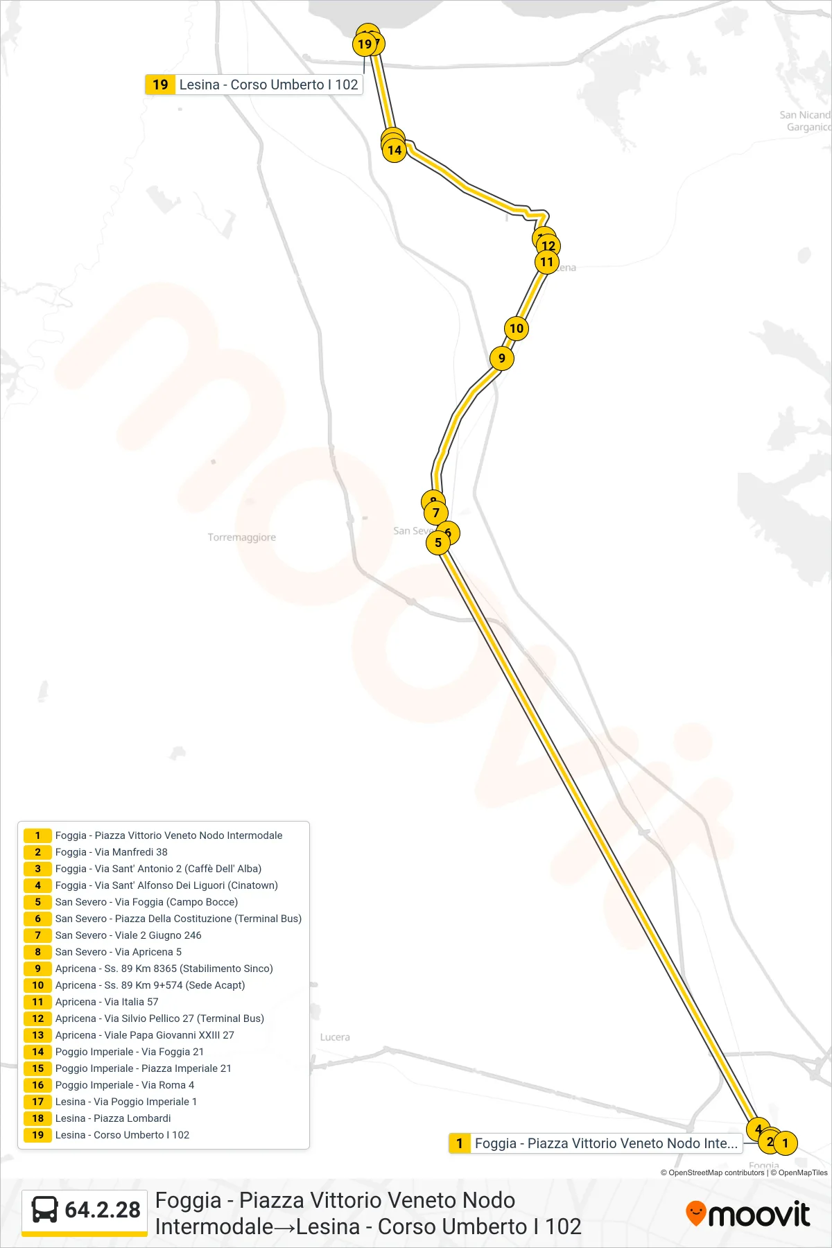 Linea 64.2.28 bus (Foggia - Piazza Vittorio Veneto Nodo Intermodale→Lesina - Corso Umberto I 102) - Percorsi e fermate sulla mappa