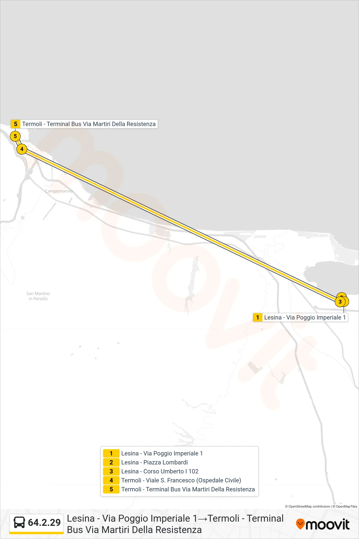 Linea 64.2.29 bus (Lesina - Via Poggio Imperiale 1→Termoli - Terminal Bus Via Martiri Della Resistenza) - Percorsi e fermate sulla mappa