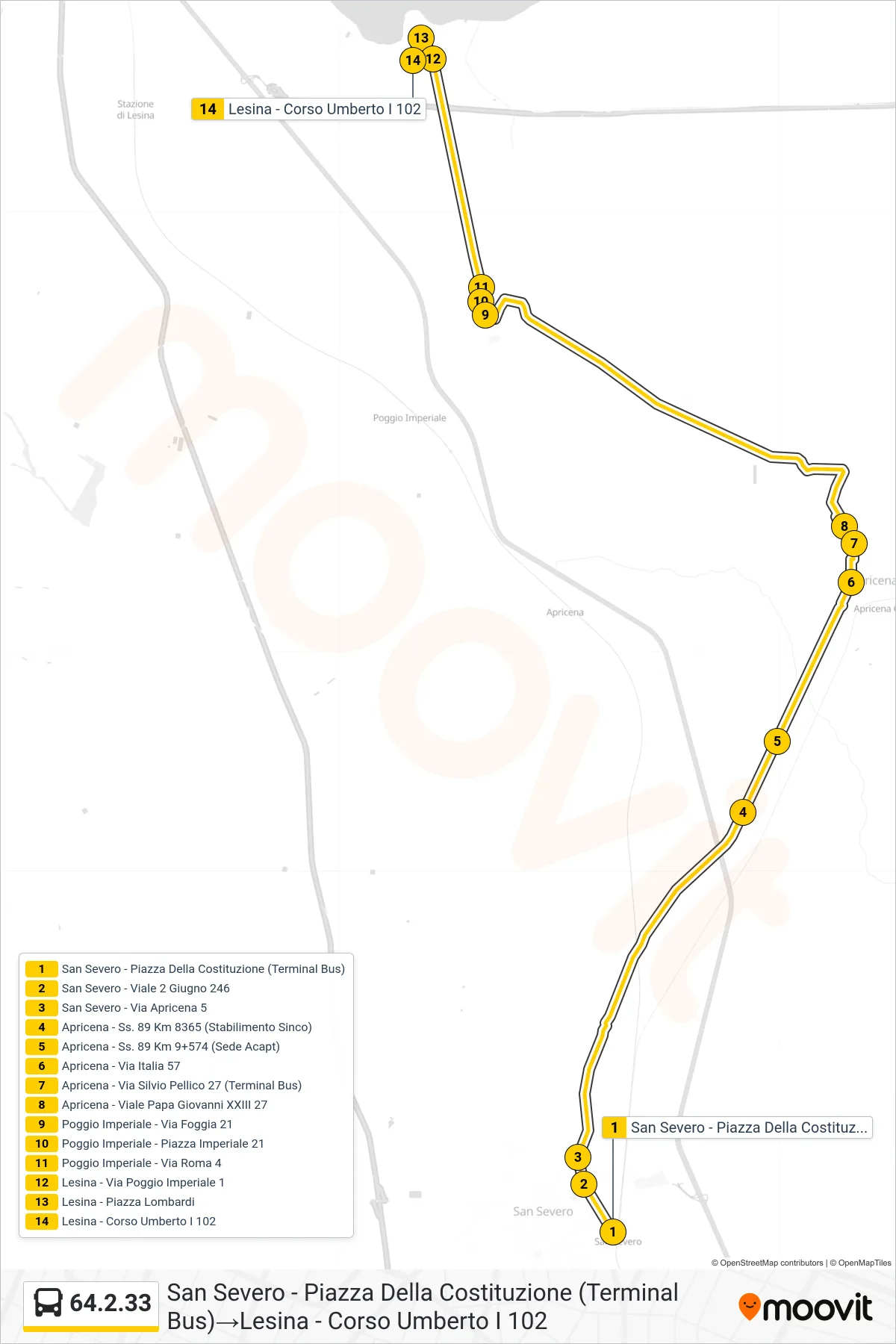Linea 64.2.33  bus (San Severo - Piazza Della Costituzione (Terminal Bus)‎→Lesina - Corso Umberto I 102) - Percorsi e fermate sulla mappa