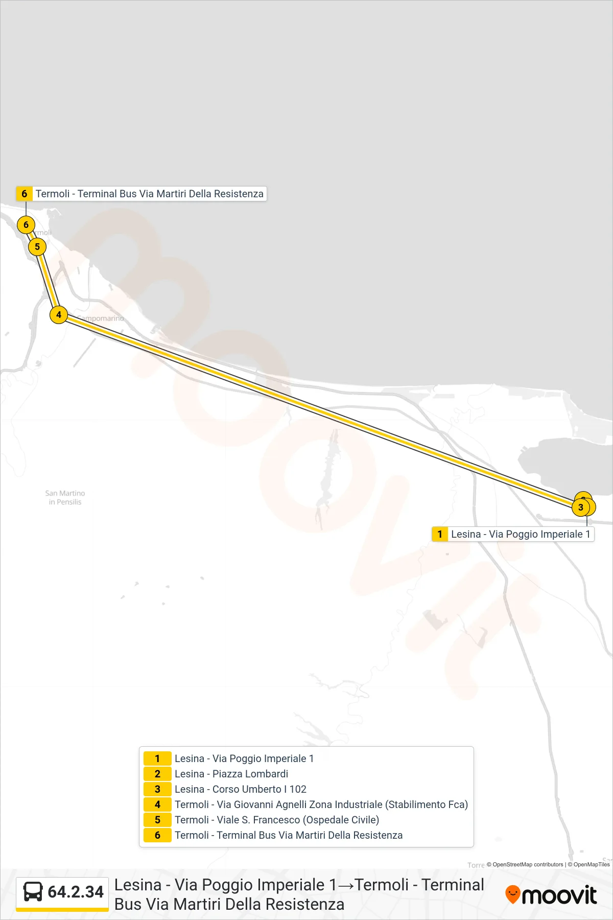 Linea 64.2.34  bus (Lesina - Via Poggio Imperiale 1‎→Termoli - Terminal Bus Via Martiri Della Resistenza) - Percorsi e fermate sulla mappa