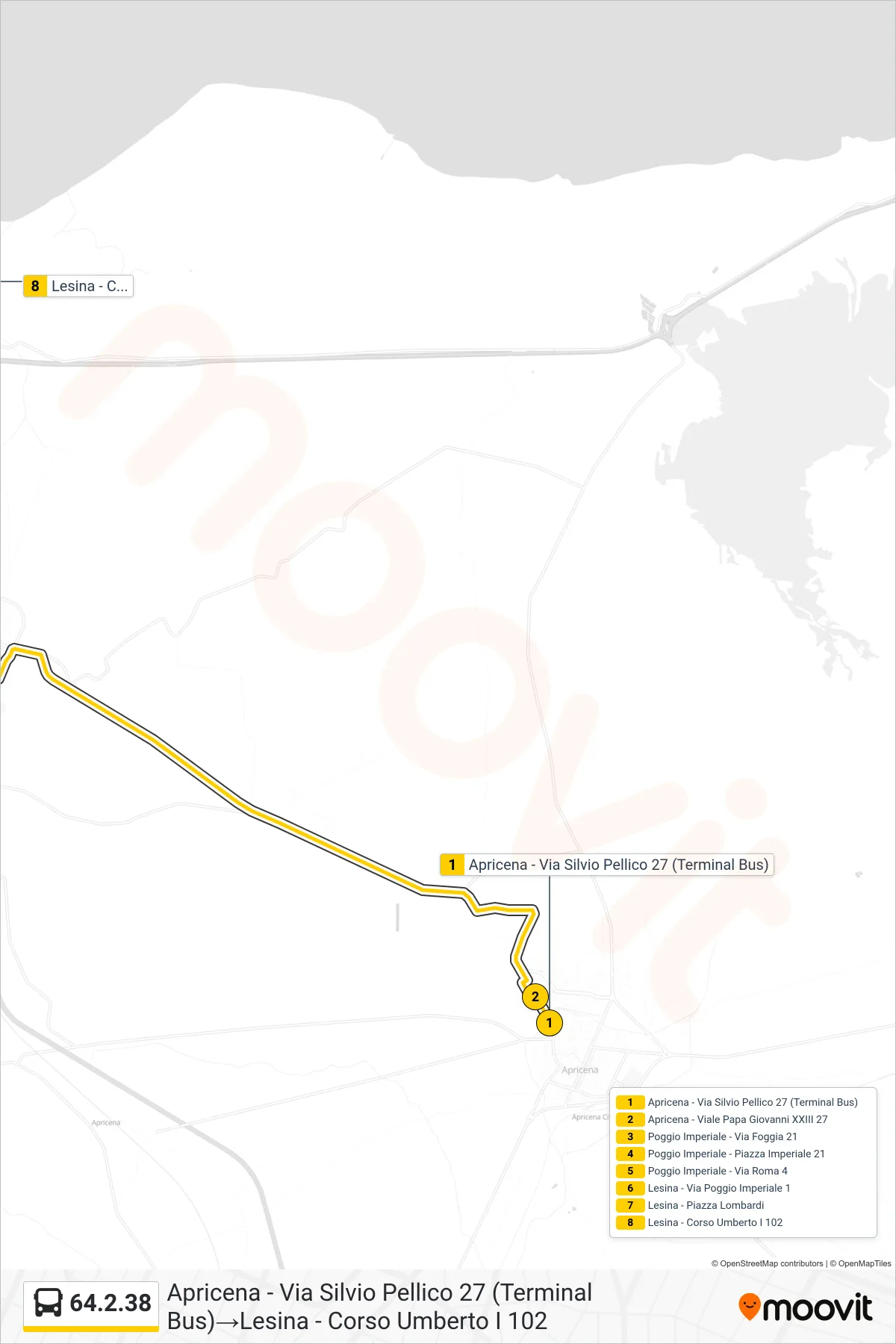 Linea 64.2.38 bus (Apricena - Via Silvio Pellico 27 (Terminal Bus)→Lesina - Corso Umberto I 102) - Percorsi e fermate sulla mappa