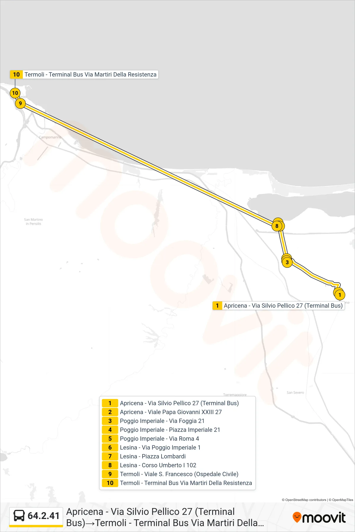 Linea 64.2.41  bus (Apricena - Via Silvio Pellico 27 (Terminal Bus)‎→Termoli - Terminal Bus Via Martiri Della Resistenza) - Percorsi e fermate sulla mappa
